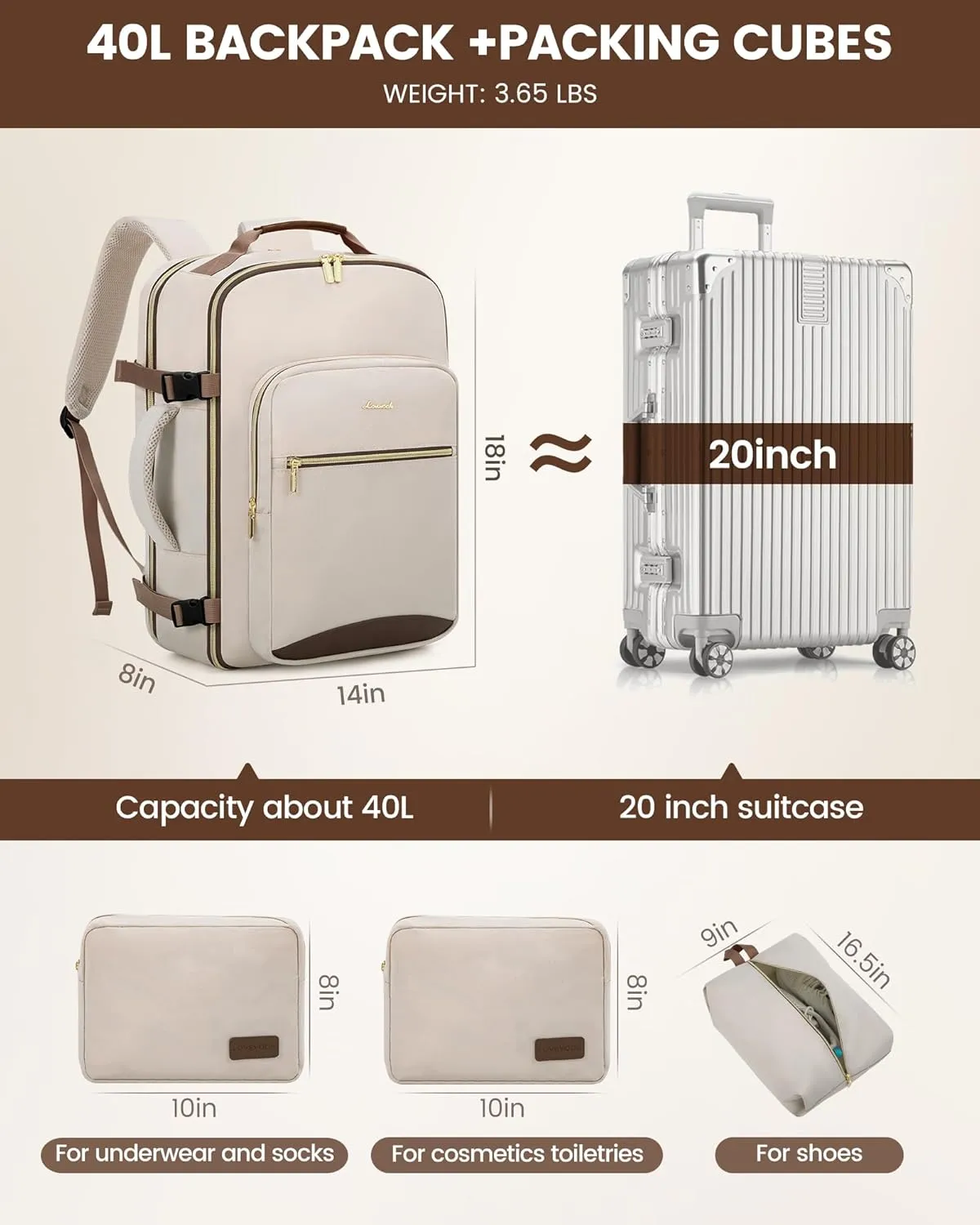 LOVEVOOK Carry on Travel Backpack, 40L Waterproof Large 17inch Laptop Luggage Daypack as Personal Item Flight Approved, Business Weekender Overnight with 3 Packing Cubes, Primary-Coffee