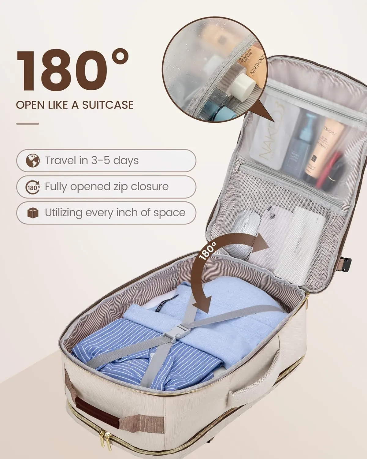 LOVEVOOK Carry on Travel Backpack, 40L Waterproof Large 17inch Laptop Luggage Daypack as Personal Item Flight Approved, Business Weekender Overnight with 3 Packing Cubes, Primary-Coffee