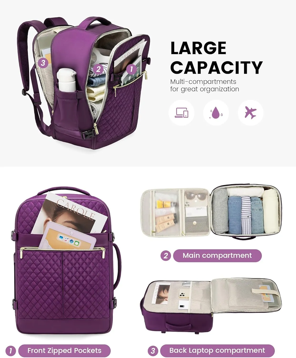 LOVEVOOK Carry On Travel Backpack for Women, 40L Personal Item Travel Bag Flight Approved, TSA Large Backpack for 17'' Laptop, Waterproof Weekender Business Hiking Bag with 3 Packing Cubes