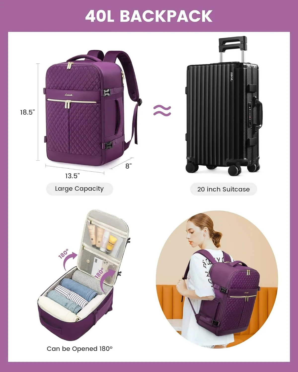 LOVEVOOK Carry On Travel Backpack for Women, 40L Personal Item Travel Bag Flight Approved, TSA Large Backpack for 17'' Laptop, Waterproof Weekender Business Hiking Bag with 3 Packing Cubes