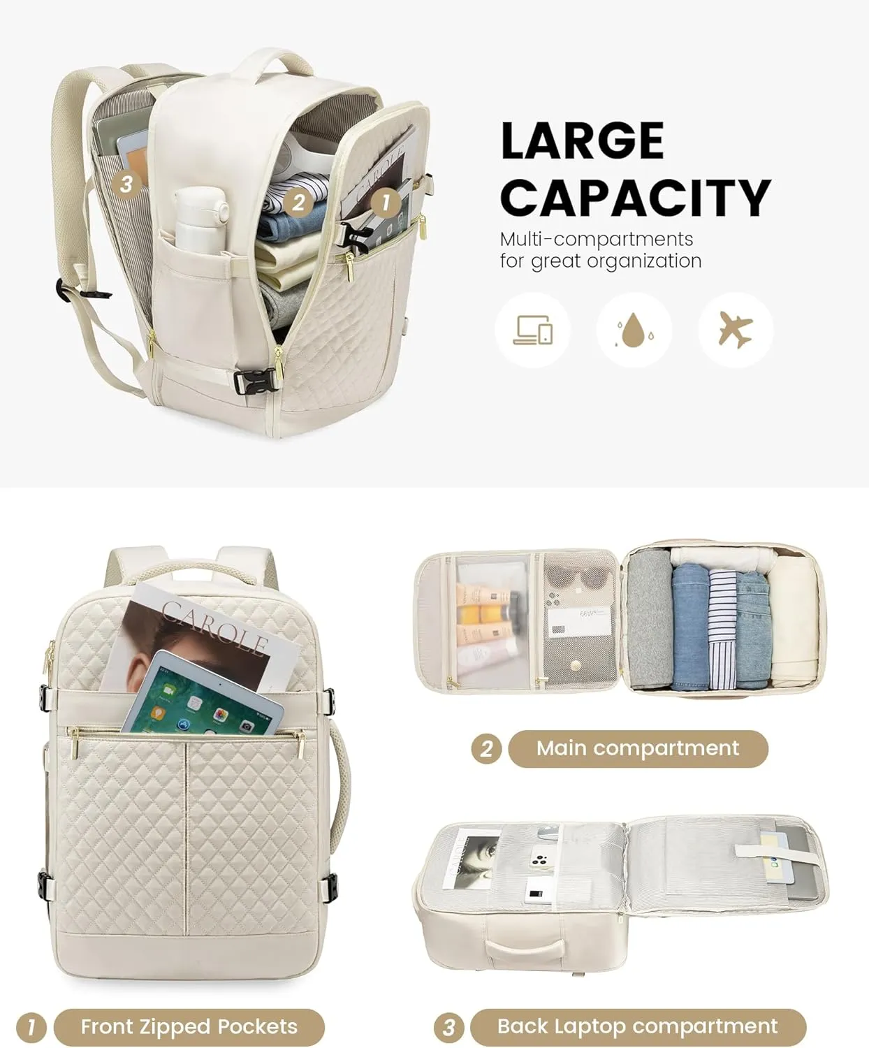 LOVEVOOK Carry On Travel Backpack for Women, 40L Personal Item Travel Bag Flight Approved, TSA Large Backpack for 17'' Laptop, Waterproof Weekender Business Hiking Bag with 3 Packing Cubes