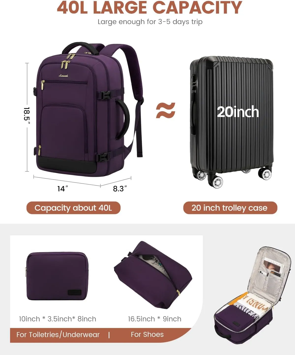 LOVEVOOK Carry On Travel Backpack For Women Flight Approved, 40L Large Personal Item Backpack Travel Bag for Airplanes, Business 17 Inch Laptop Backpack, Weekender Overnight Daypack, With 2 Cubes