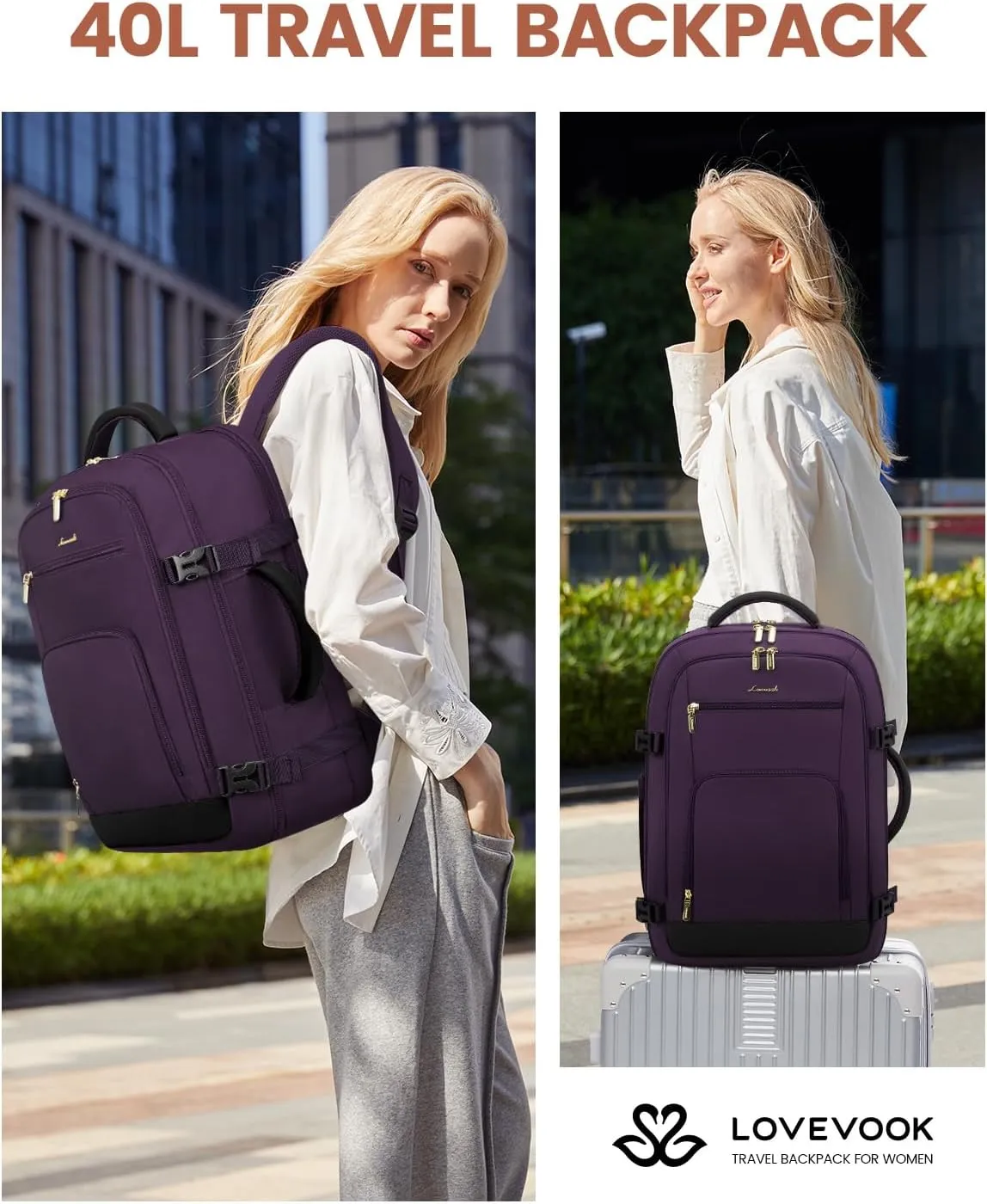 LOVEVOOK Carry On Travel Backpack For Women Flight Approved, 40L Large Personal Item Backpack Travel Bag for Airplanes, Business 17 Inch Laptop Backpack, Weekender Overnight Daypack, With 2 Cubes