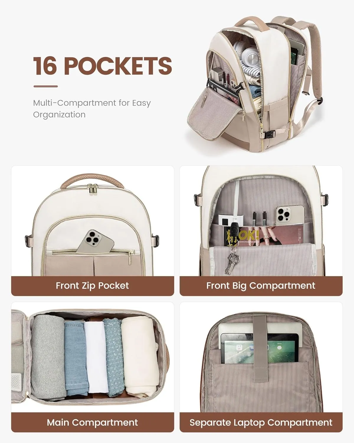 LOVEVOOK Large Travel Backpack for Women, 40L Carry on Luggage Flight Approved, TSA Personal Item Travel Bag Fits 17.3 Inch Laptop,Water-Resistant Travel Work Weekender Backpack with 2 Packing Cubes