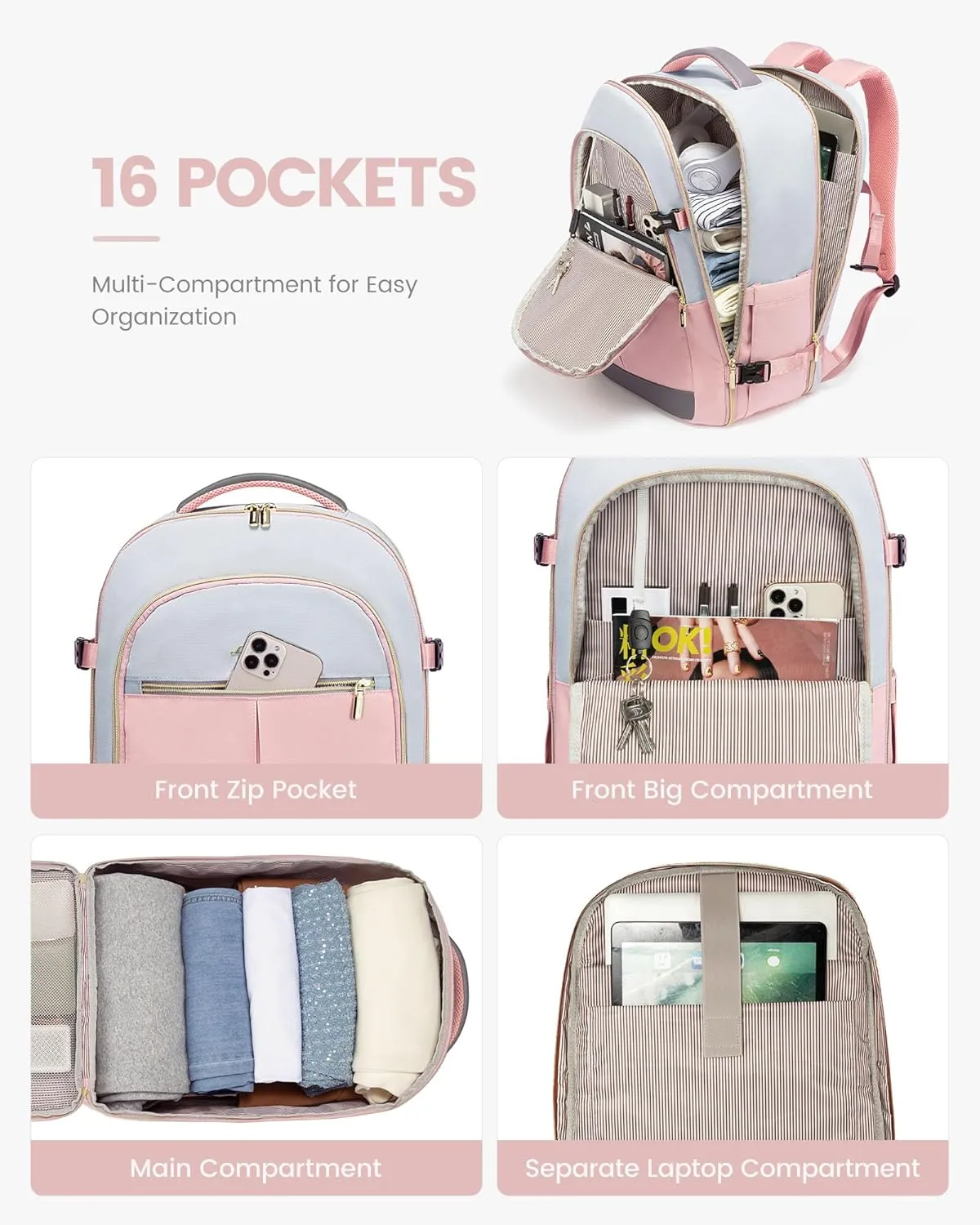LOVEVOOK Large Travel Backpack for Women, 40L Carry on Luggage Flight Approved, TSA Personal Item Travel Bag Fits 17.3 Inch Laptop,Water-Resistant Travel Work Weekender Backpack with 2 Packing Cubes
