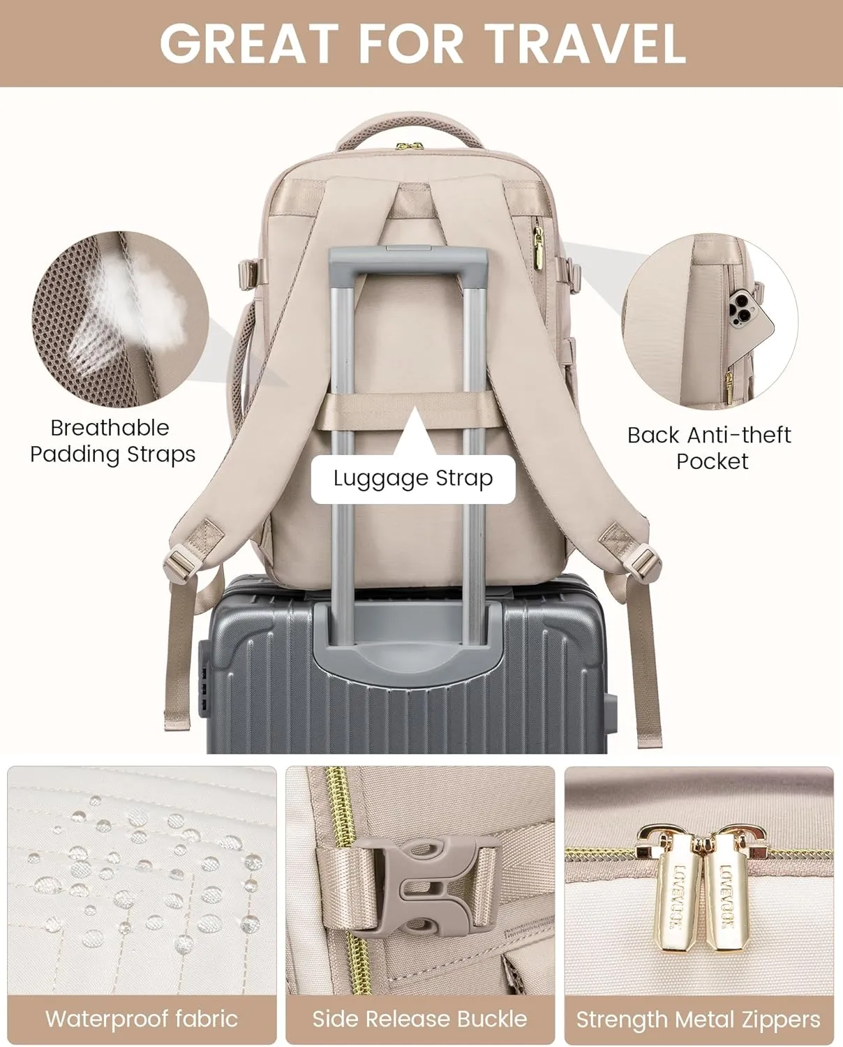 LOVEVOOK Large Travel Backpack for Women, Carry On Bag Backpack Flight Approved, 40L TSA Personal Item Travel Bag with 3 Packing Cubes, Waterproof 17 Inch Laptop Hiking Casual