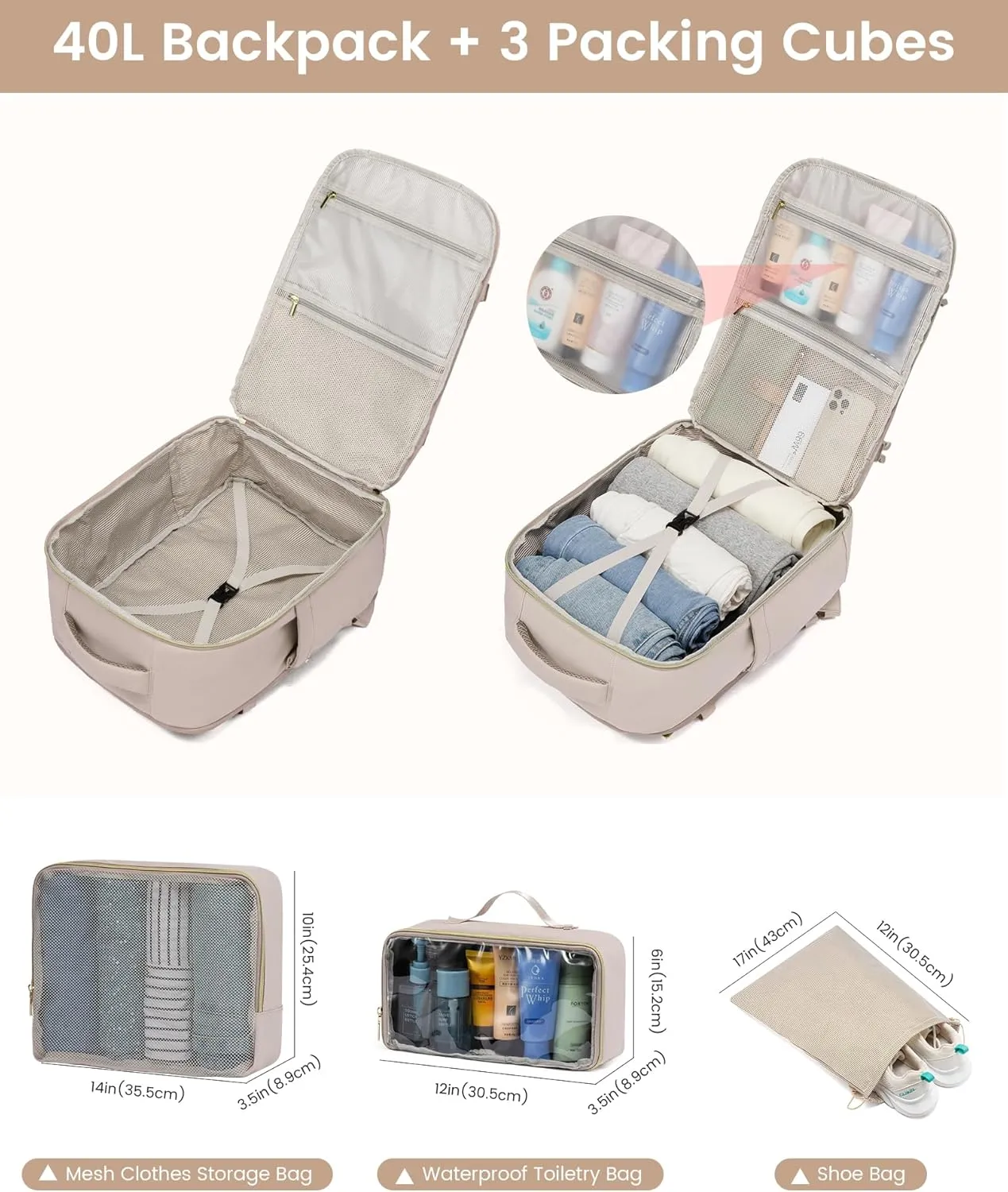 LOVEVOOK Large Travel Backpack for Women, Carry On Bag Backpack Flight Approved, 40L TSA Personal Item Travel Bag with 3 Packing Cubes, Waterproof 17 Inch Laptop Hiking Casual