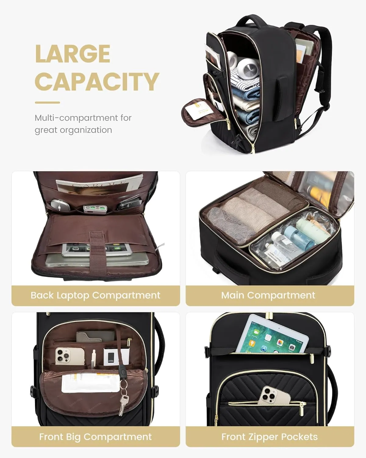 LOVEVOOK Large Travel Backpack for Women, TSA Carry on Backpack for Airplanes, 40L Personal Item Travel Bag fits 17" Laptop, Waterproof Carry on Bag Flight Approved with 4 Packing Cubes, Black