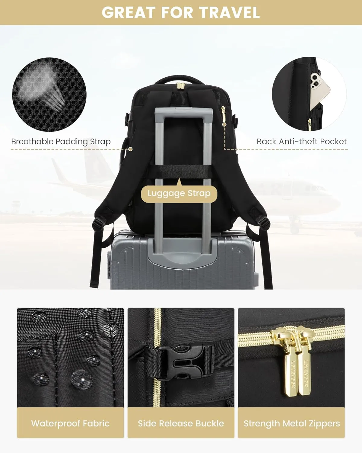 LOVEVOOK Large Travel Backpack for Women, TSA Carry on Backpack for Airplanes, 40L Personal Item Travel Bag fits 17" Laptop, Waterproof Carry on Bag Flight Approved with 4 Packing Cubes, Black