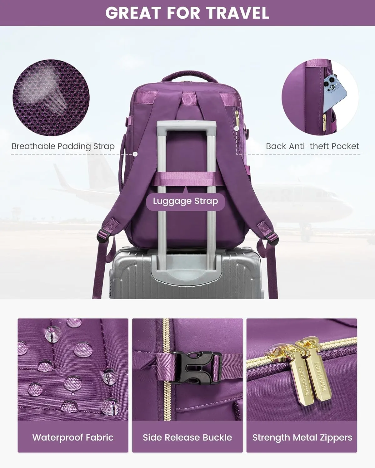 LOVEVOOK Large Travel Backpack for Women, TSA Carry on Backpack for Airplanes, 40L Personal Item Travel Bag fits 17" Laptop, Waterproof Carry on Bag Flight Approved with 4 Packing Cubes