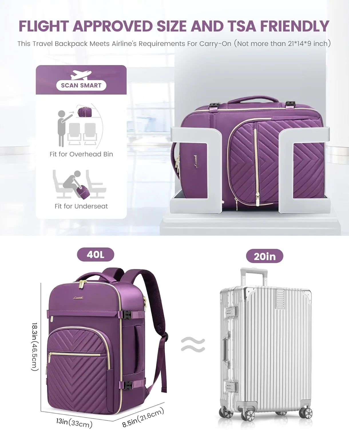 LOVEVOOK Large Travel Backpack for Women, TSA Carry on Backpack for Airplanes, 40L Personal Item Travel Bag fits 17" Laptop, Waterproof Carry on Bag Flight Approved with 4 Packing Cubes