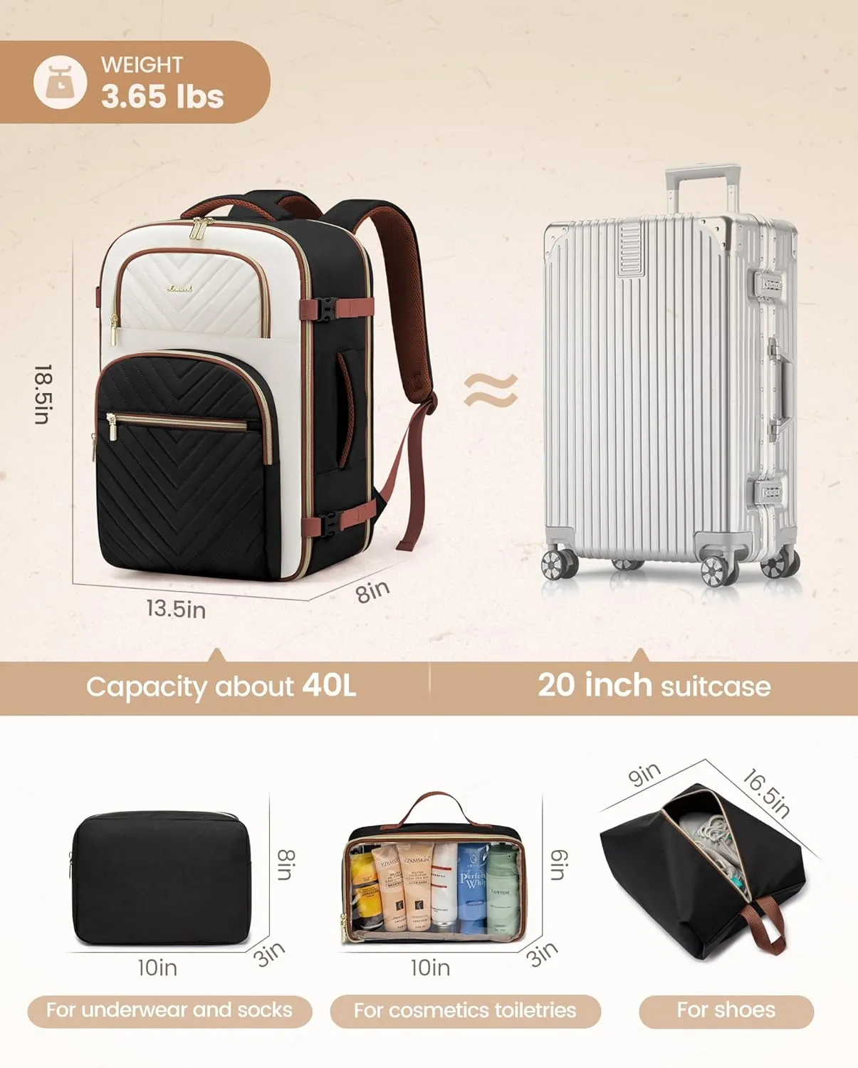 LOVEVOOK Travel Backpack Carry on Flight Approved 40L,Waterproof TSA Travel Essentials Personal Item Backpack for Women Men,Large Carry on Luggage Suitcase Travel Bag for Airplane with 3 Packing Cubes