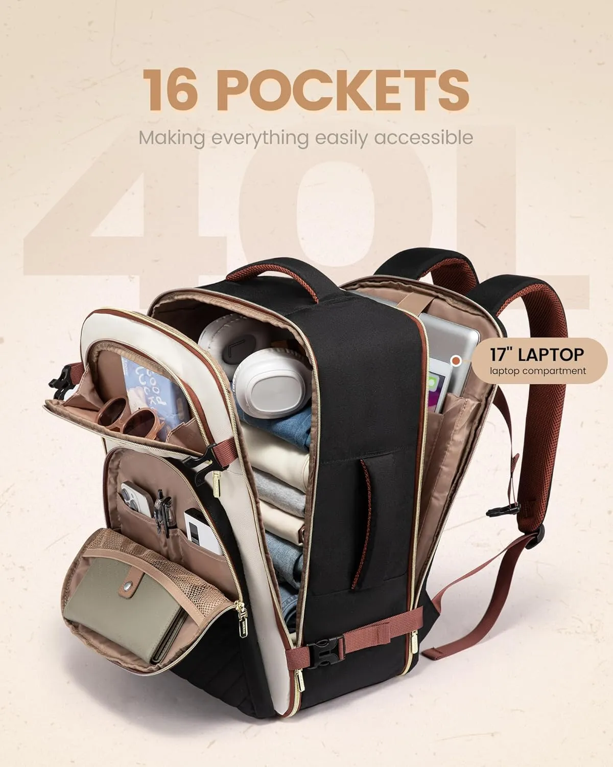 LOVEVOOK Travel Backpack Carry on Flight Approved 40L,Waterproof TSA Travel Essentials Personal Item Backpack for Women Men,Large Carry on Luggage Suitcase Travel Bag for Airplane with 3 Packing Cubes