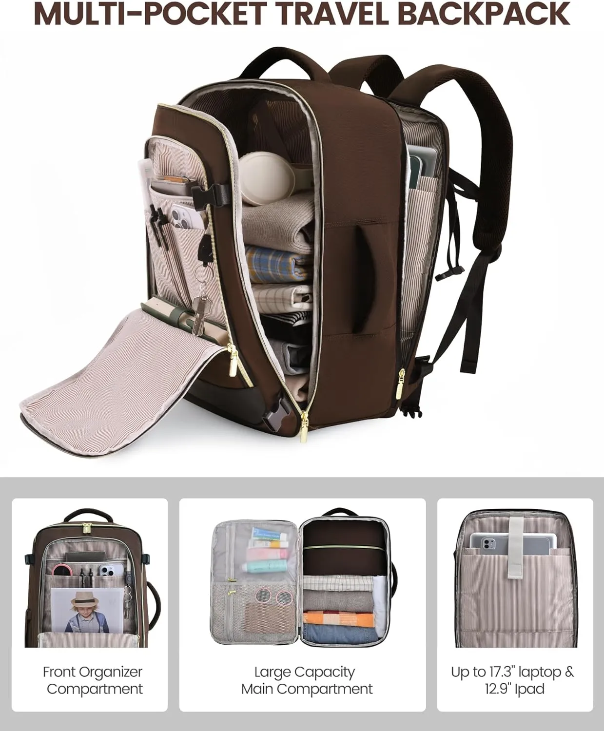 LOVEVOOK Travel Backpack for Women, 40L Carry On Backpack Flight Approved, Large Personal Item Bag Fits 17 inch Laptop, TSA Approved Luggage with 3 Packing Cubes,Waterproof Weekender Gym Essentials
