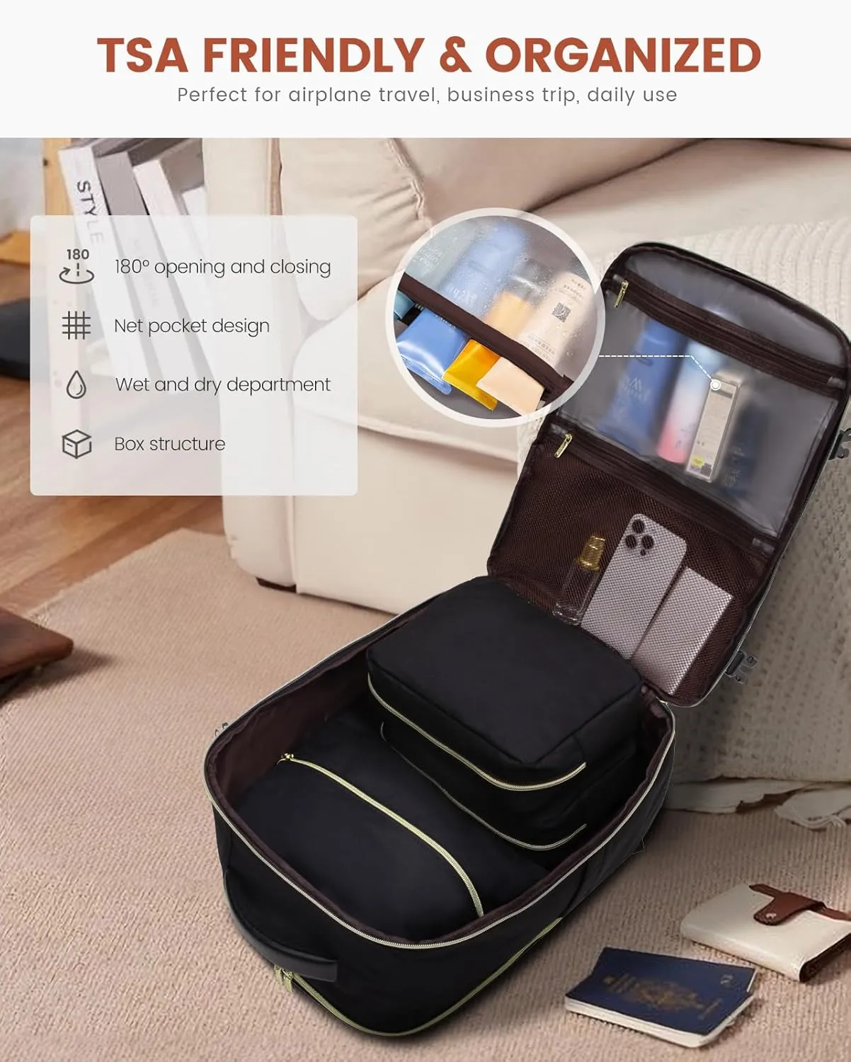 LOVEVOOK Travel Backpack for Women, 40L Carry on Backpack for Airplanes, Large TSA Personal Item Travel Bag Fits 17.3" Laptop, Water-Resistant Business Weekender Back Pack, 4Pcs