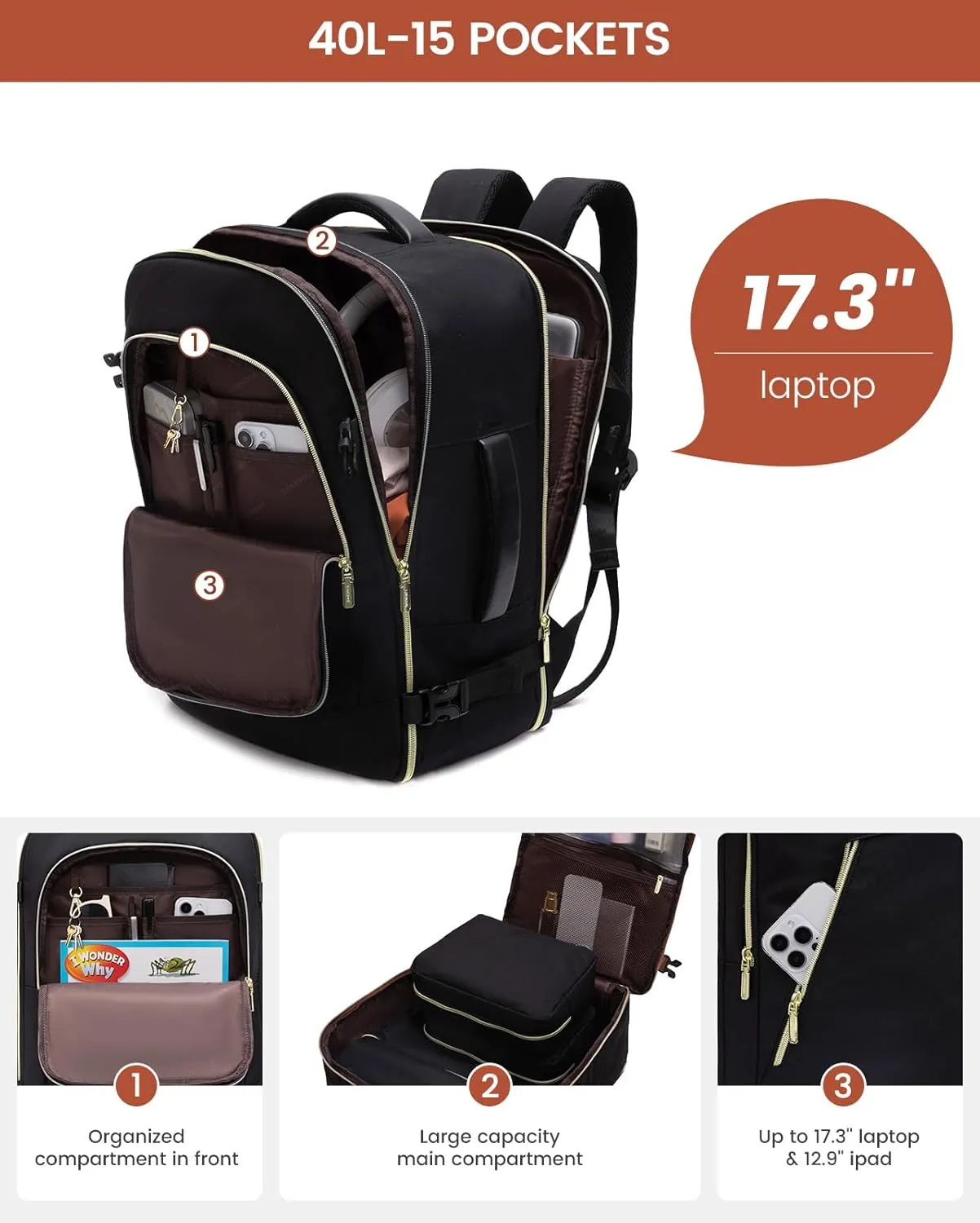 LOVEVOOK Travel Backpack for Women, 40L Carry on Backpack for Airplanes, Large TSA Personal Item Travel Bag Fits 17.3" Laptop, Water-Resistant Business Weekender Back Pack, 4Pcs