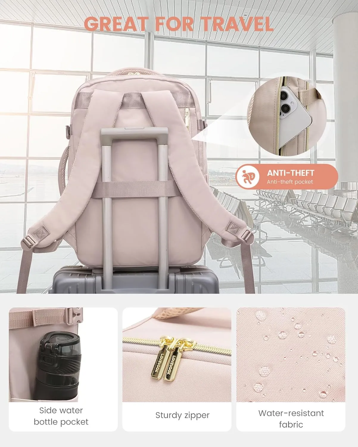 LOVEVOOK Travel Backpack for Women, 40L Carry on Backpack for Airplanes, Large TSA Personal Item Travel Bag Fits 17.3" Laptop, Water-Resistant Business Weekender Backpack, 4Pcs