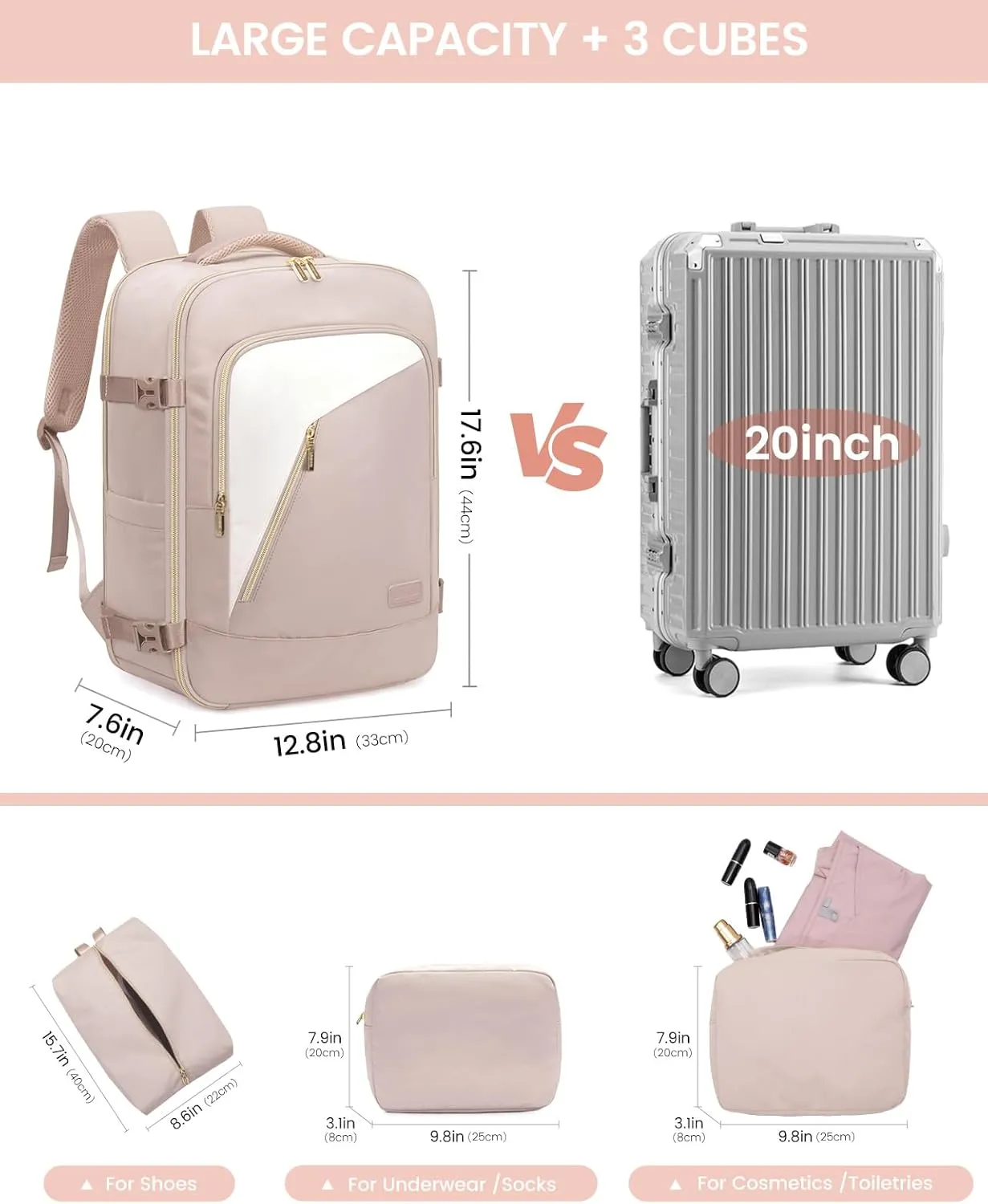 LOVEVOOK Travel Backpack for Women, 40L Carry on Backpack for Airplanes, Large TSA Personal Item Travel Bag Fits 17.3" Laptop, Water-Resistant Business Weekender Backpack, 4Pcs