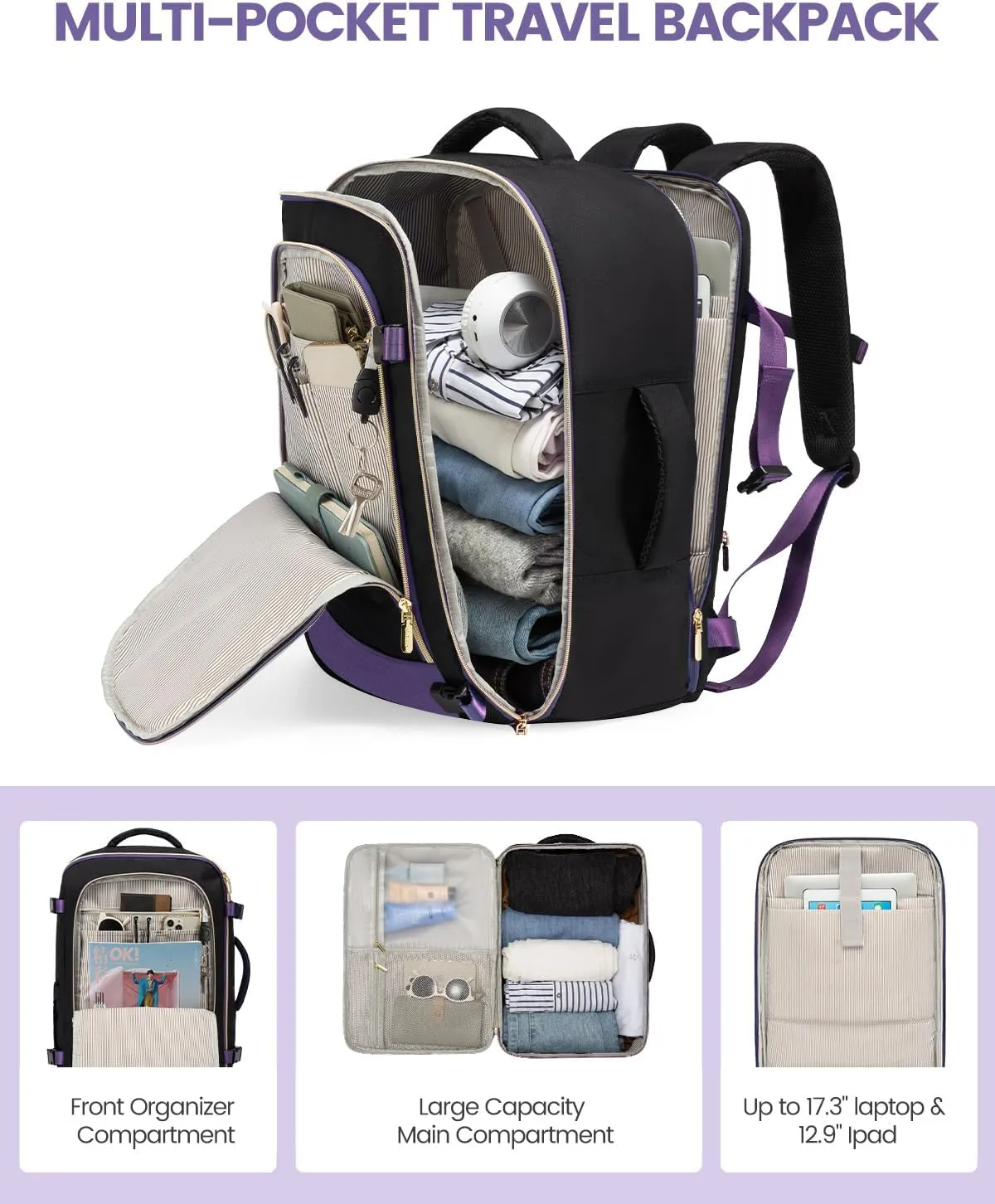 LOVEVOOK Travel Backpack for Women, 40L Carry On Backpack for Airplanes, Personal Item Bag for Airlines Fits 17 inch Laptop, TSA Approved Luggage with 3 Packing Cubes,Waterproof Weekender Gym Backpack