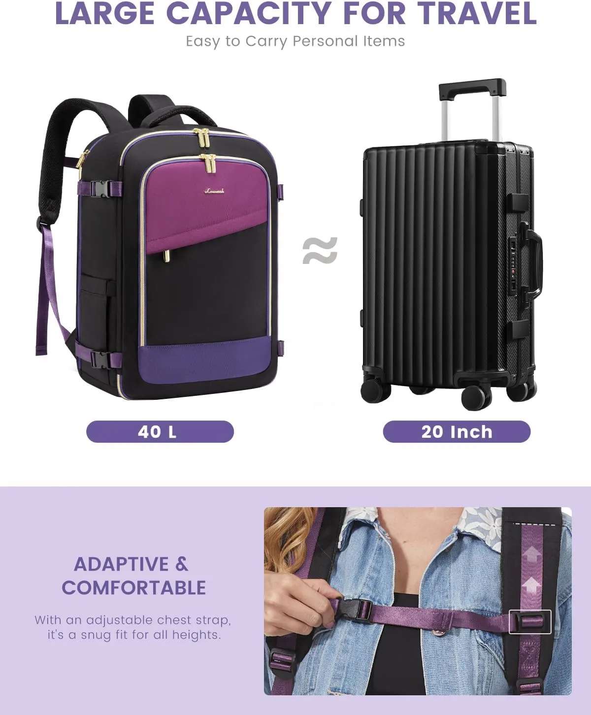LOVEVOOK Travel Backpack for Women, 40L Carry On Backpack for Airplanes, Personal Item Bag for Airlines Fits 17 inch Laptop, TSA Approved Luggage with 3 Packing Cubes,Waterproof Weekender Gym Backpack