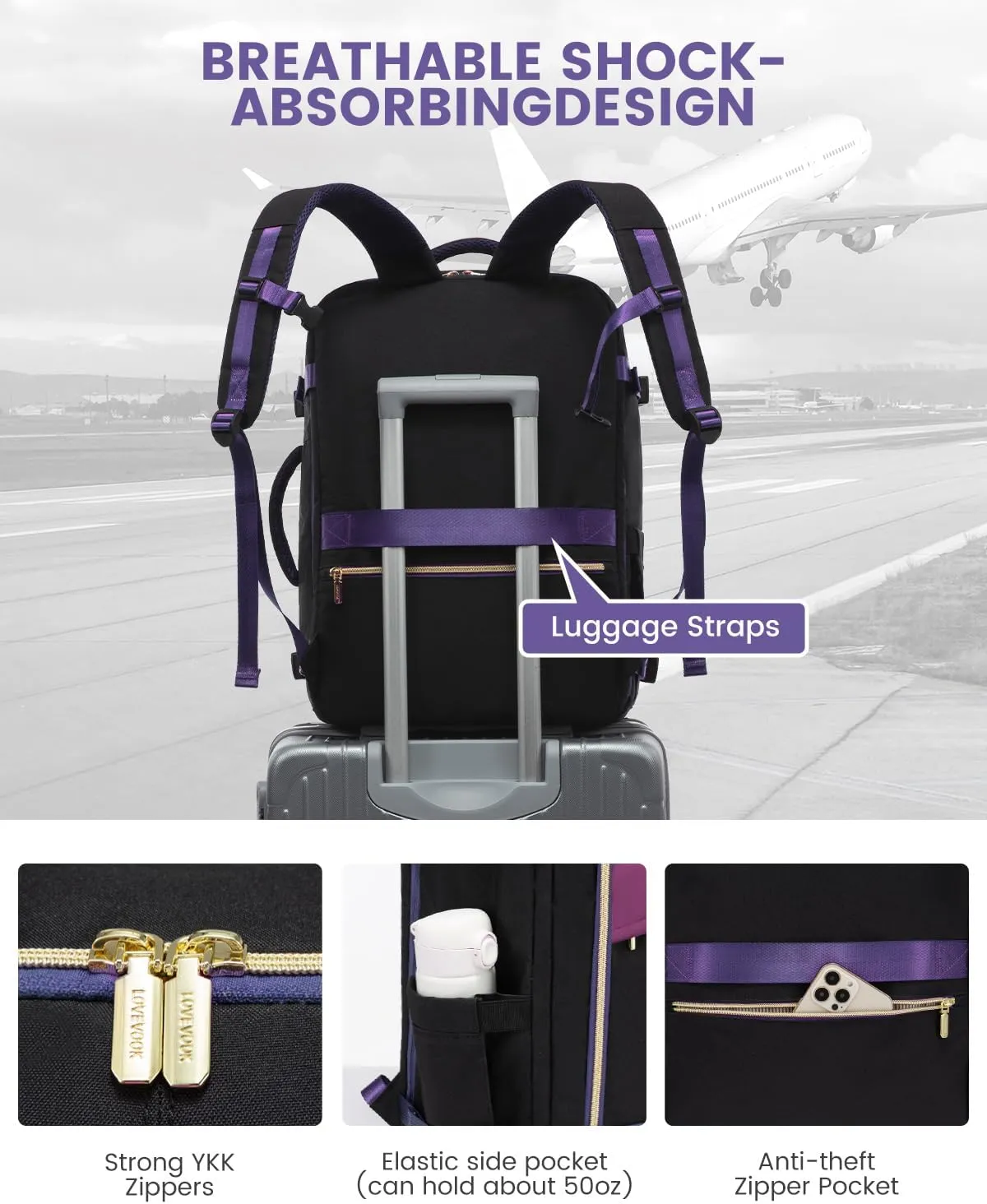 LOVEVOOK Travel Backpack for Women, 40L Carry On Backpack for Airplanes, Personal Item Bag for Airlines Fits 17 inch Laptop, TSA Approved Luggage with 3 Packing Cubes,Waterproof Weekender Gym Backpack