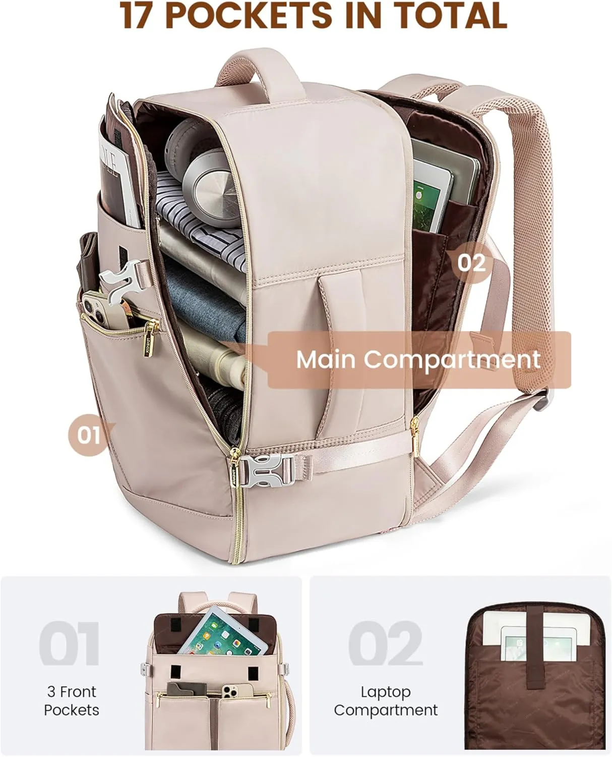 LOVEVOOK Travel Backpack for Women, 40L Large Carry On Backpack Flight Approved, Waterproof Personal Item Travel Bag Fits 17.3'' Laptop,TSA Backpack Suitcase with 3 Packing Cubes