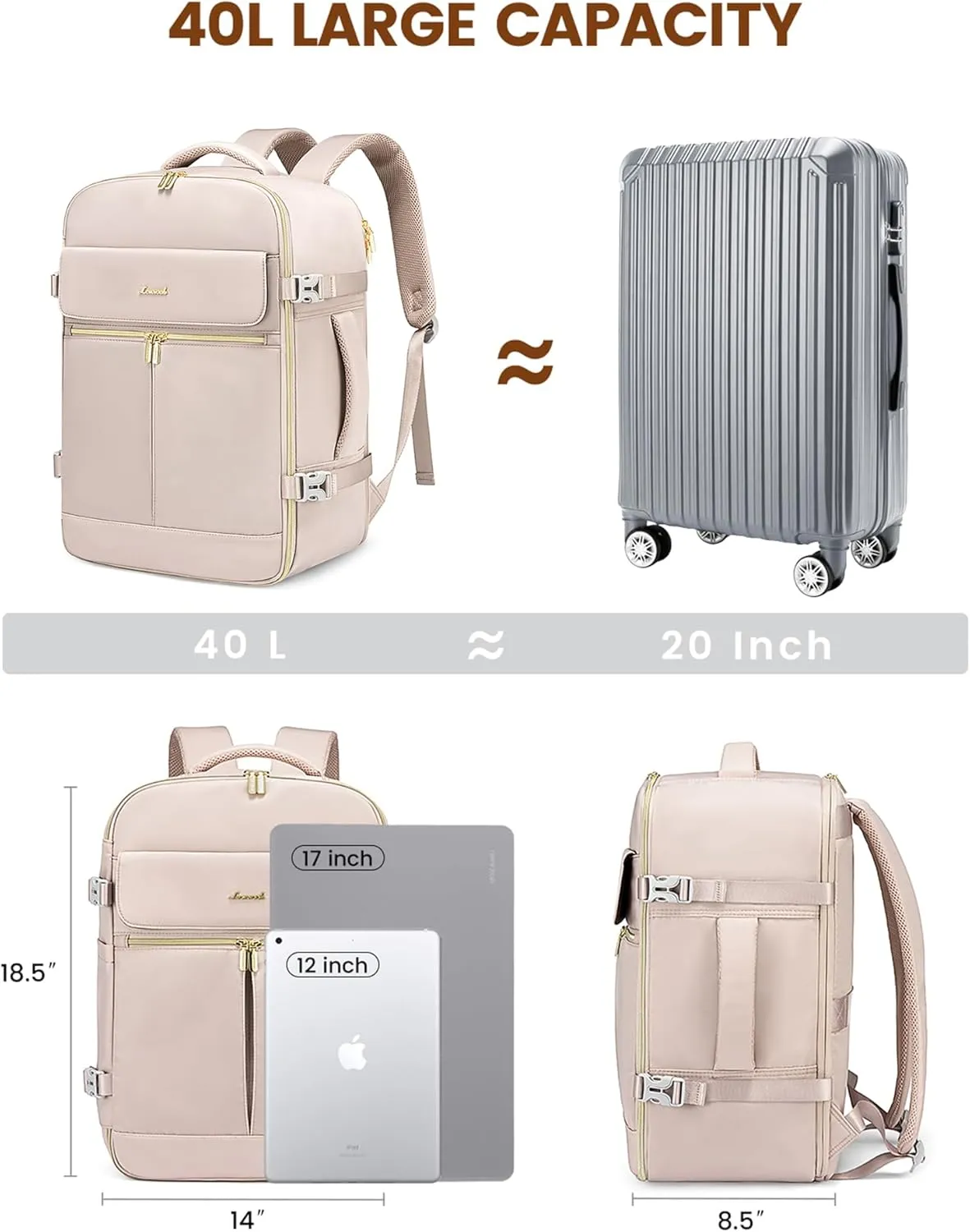 LOVEVOOK Travel Backpack for Women, 40L Large Carry On Backpack Flight Approved, Waterproof Personal Item Travel Bag Fits 17.3'' Laptop,TSA Backpack Suitcase with 3 Packing Cubes