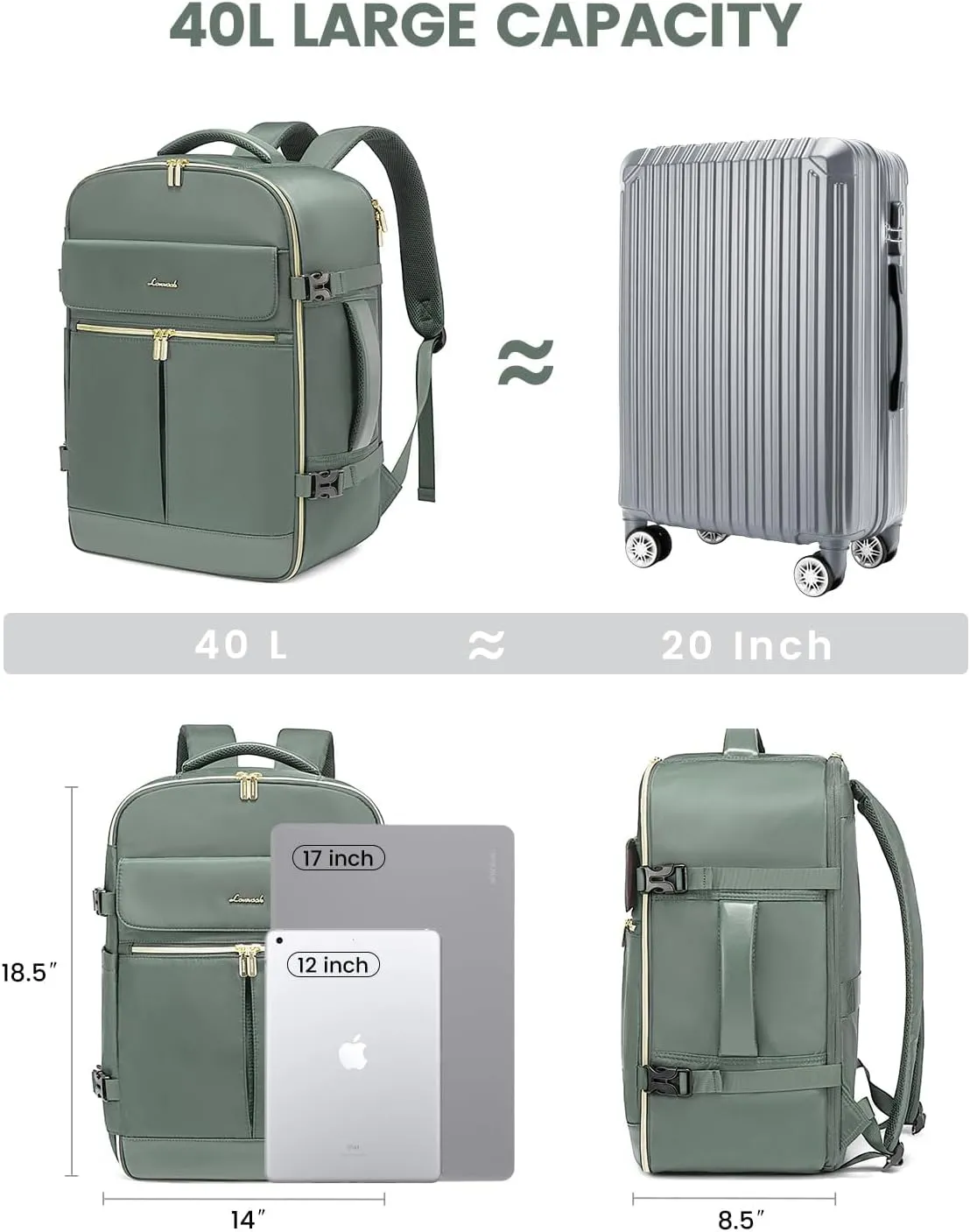 LOVEVOOK Travel Backpack for Women, 40L Large Carry On Backpack Flight Approved, Waterproof Personal Item Travel Bag Fits 17.3'' Laptop,TSA Backpack Suitcase with 3 Packing Cubes