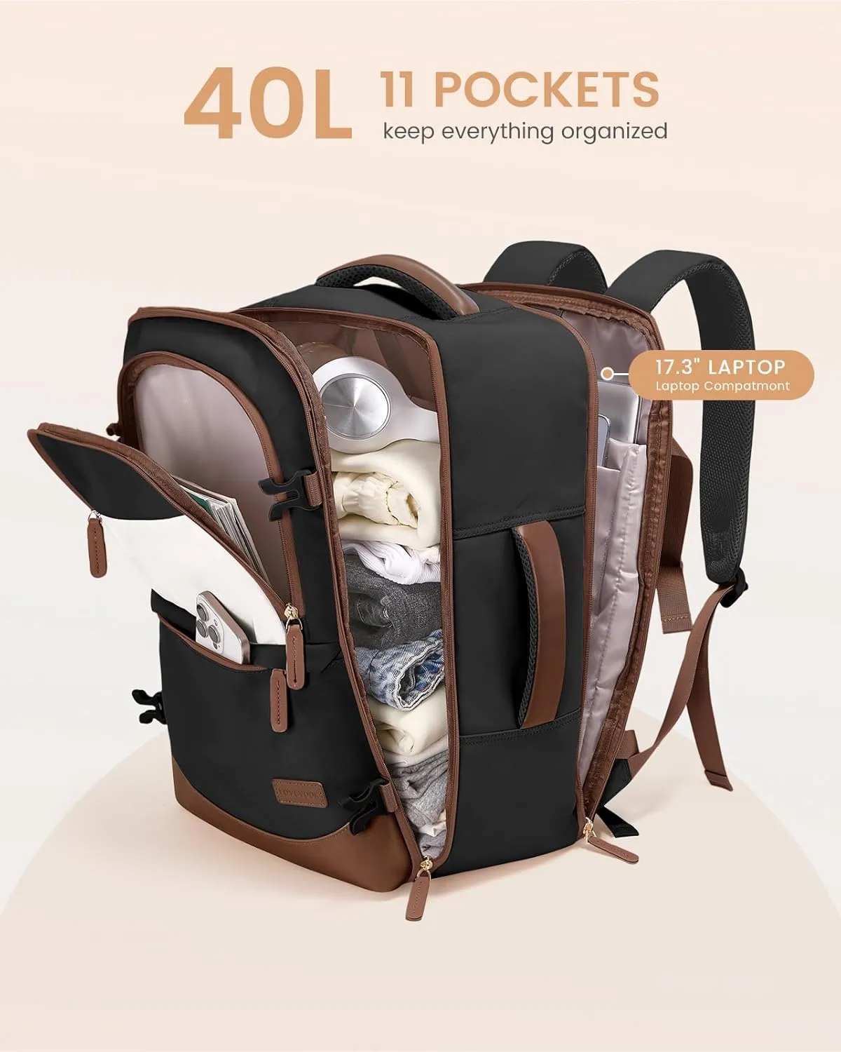LOVEVOOK Travel Backpack for Women & Men, 40L Carry on Backpack Airline Approved, Large TSA Personal Item Travel Bag fits 17.3" Laptop, Business Weekender Bag for Essentials, 4Pcs