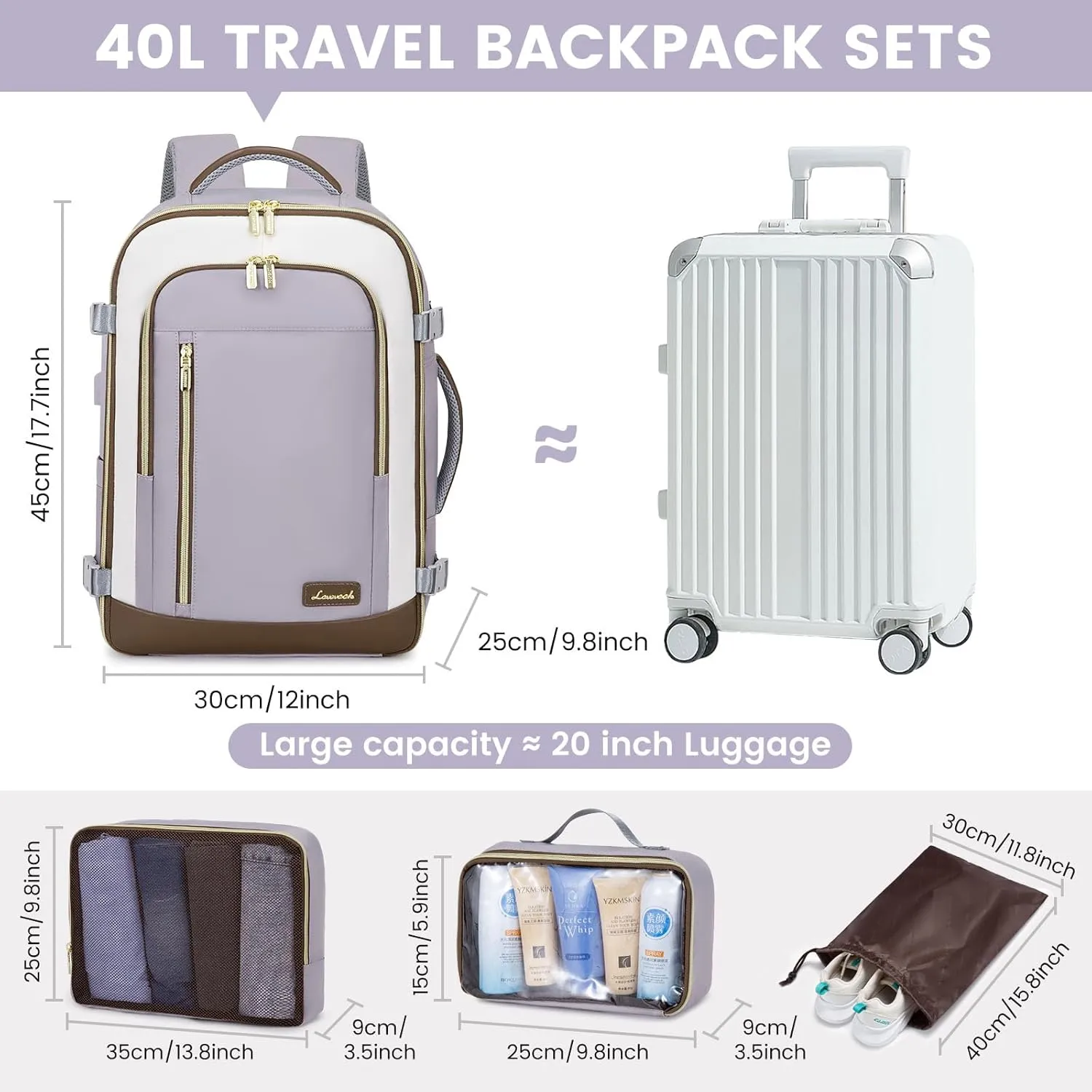LOVEVOOK Travel Backpack for Women & Men, 40L Carry On Backpack, Personal Item Bag with 3 Packing Cubes, Business Weekender Overnight Luggage Daypack, Fits 17 Inch Laptop, Light Gray