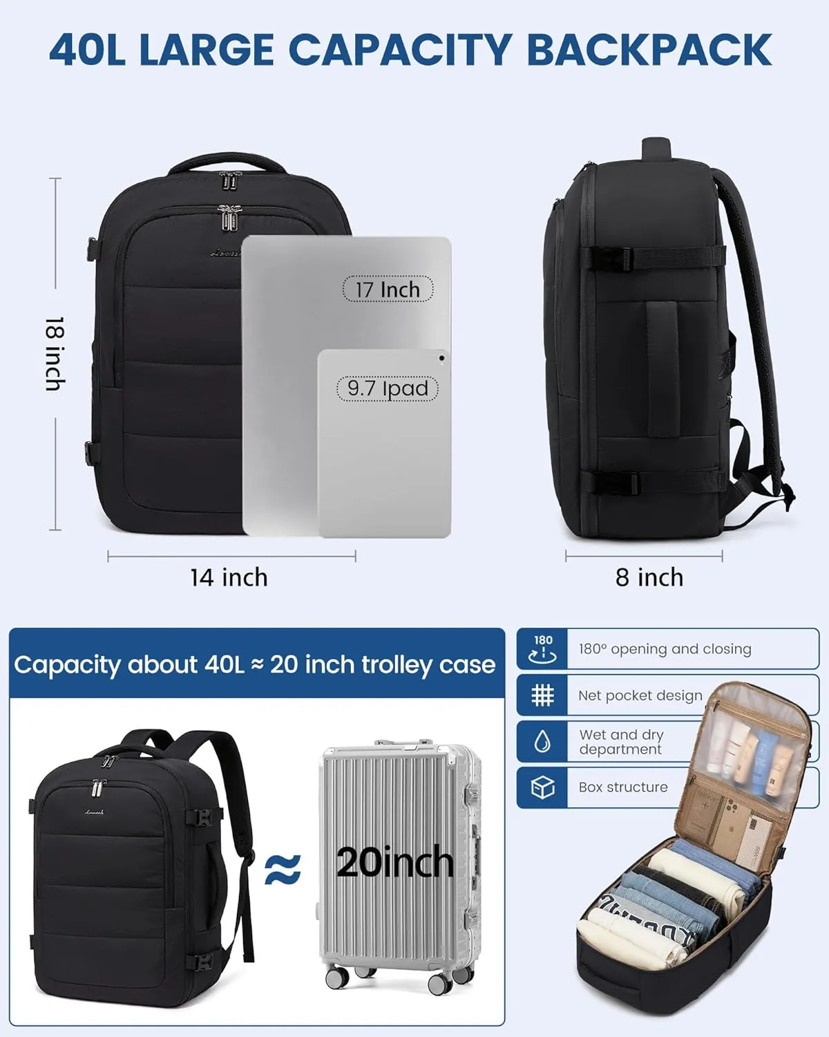LOVEVOOK Travel Backpack for Women Men, 40L Lightweight Puffy Flight Approved Carry On Backpack Fits 17'' Laptop, TSA Personal Item Travel Bag, Waterproof Weekender Trip Work Luggage Daypack, Black