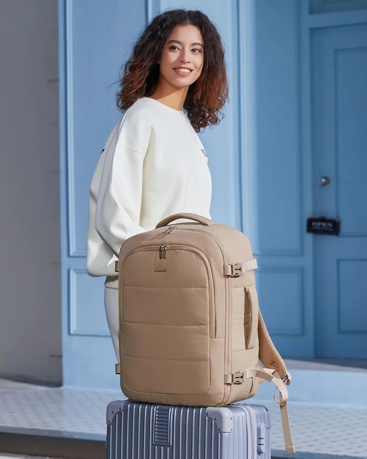 LOVEVOOK Travel Backpack for Women Men, 40L Lightweight Puffy Flight Approved Carry On Backpack Fits 17'' Laptop, TSA Personal Item Travel Bag, Waterproof Weekender Trip Work Luggage Daypack, Khaki