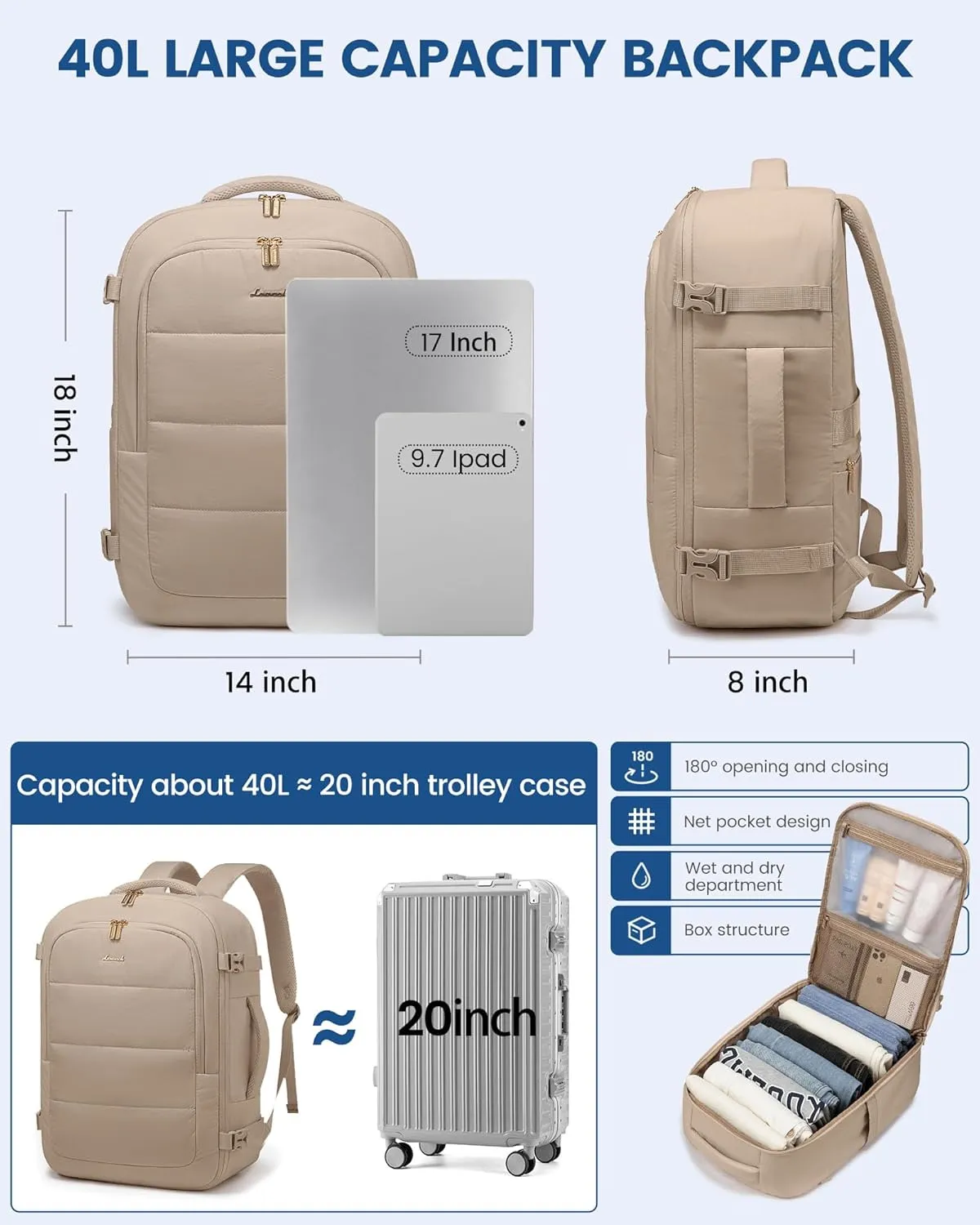 LOVEVOOK Travel Backpack for Women Men, 40L Lightweight Puffy Flight Approved Carry On Backpack Fits 17'' Laptop, TSA Personal Item Travel Bag, Waterproof Weekender Trip Work Luggage Daypack, Khaki