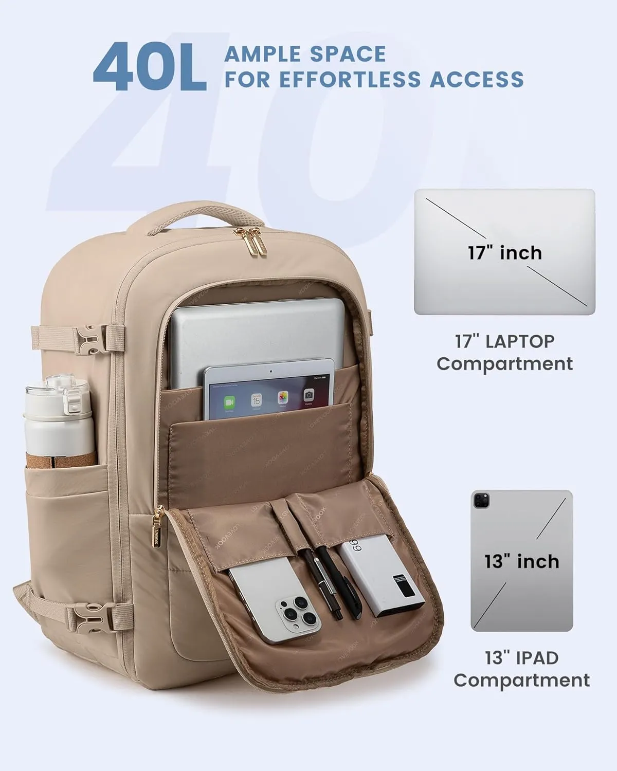 LOVEVOOK Travel Backpack for Women Men, 40L Lightweight Puffy Flight Approved Carry On Backpack Fits 17'' Laptop, TSA Personal Item Travel Bag, Waterproof Weekender Trip Work Luggage Daypack, Khaki