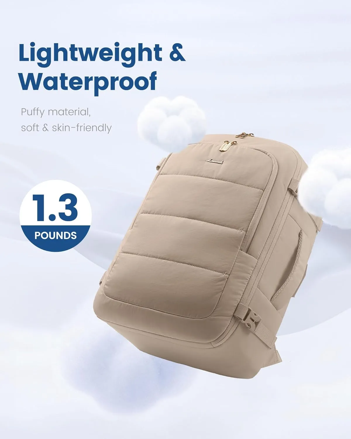 LOVEVOOK Travel Backpack for Women Men, 40L Lightweight Puffy Flight Approved Carry On Backpack Fits 17'' Laptop, TSA Personal Item Travel Bag, Waterproof Weekender Trip Work Luggage Daypack, Khaki