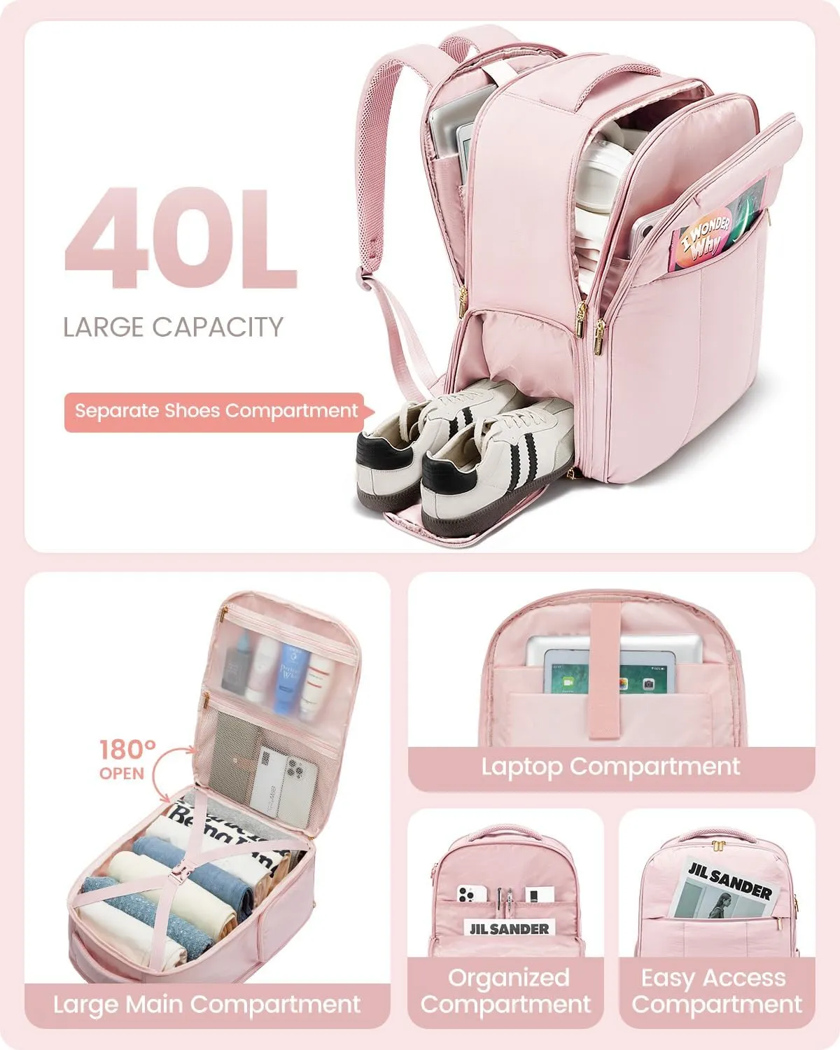 LOVEVOOK Travel Backpack for Women with Shoe Compartment, Puffer Carry on Backpack Flight Approved 40L Personal Item Travel Bag Fits 17inch Laptop, Waterproof Lightweight Bags with 3 Packing Cubes
