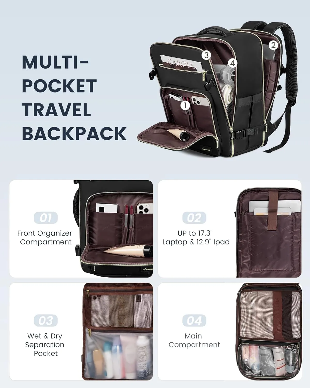LOVEVOOK Travel Backpack For Women,40L Carry On Backpack Flight Approved,TSA Personal Item Travel Bag Fits 17 Inch Laptop,Business Weekender Overnight Daypack with Toiletry Bag and Cube,Black