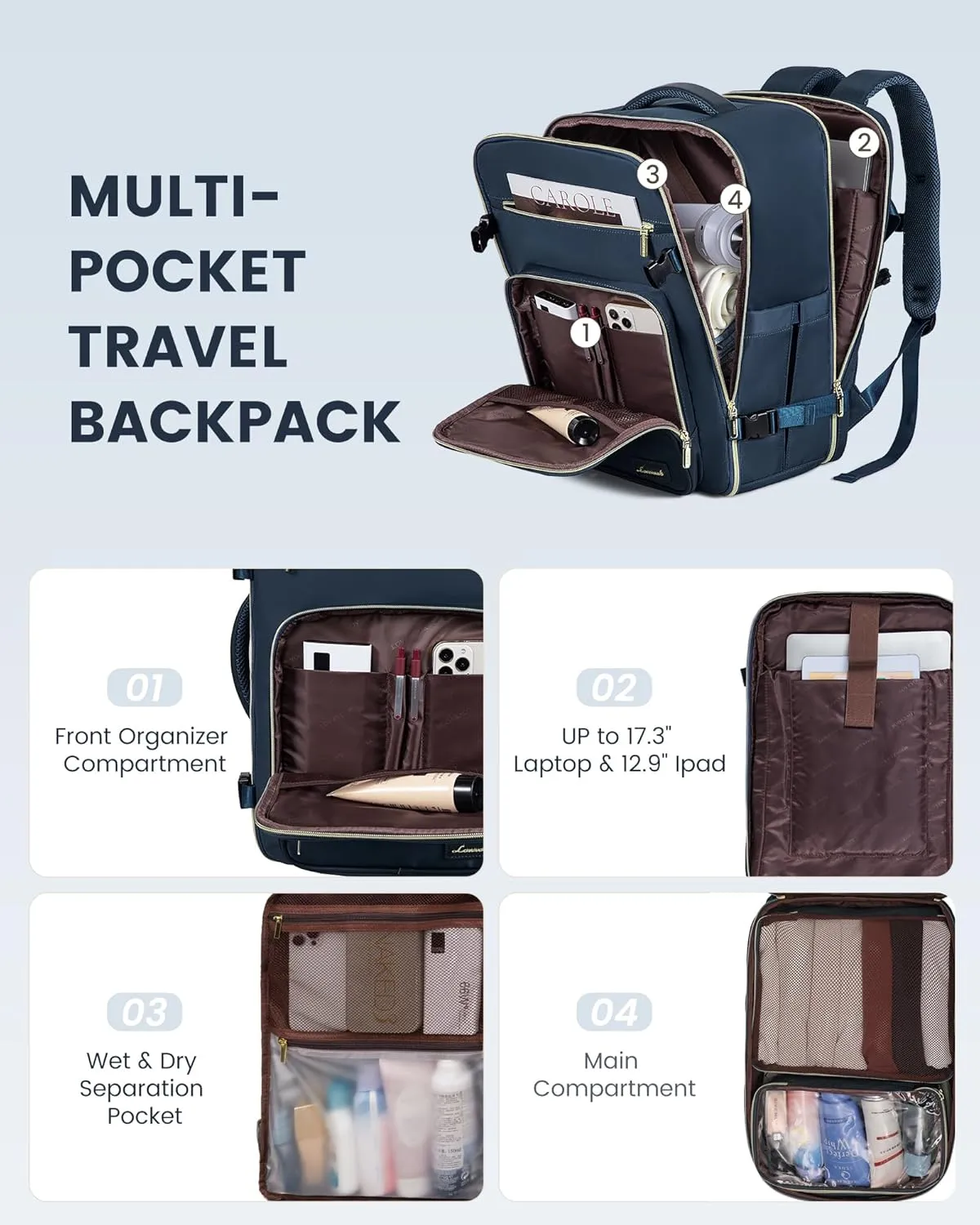 LOVEVOOK Travel Backpack For Women,40L Carry On Backpack Flight Approved,TSA Personal Item Travel Bag Fits 17 Inch Laptop,Business Weekender Overnight Daypack with Toiletry Bag and Cube,Dark Blue