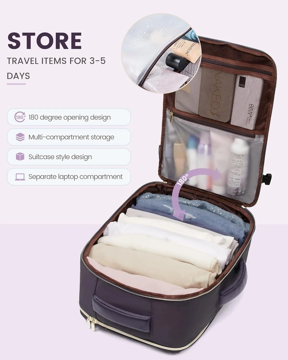 LOVEVOOK Travel Backpack For Women,40L Carry On Backpack Flight Approved,TSA Personal Item Travel Bag Fits 17 Inch Laptop,Business Weekender Overnight Daypack with Toiletry Bag and Cube,Light Purple