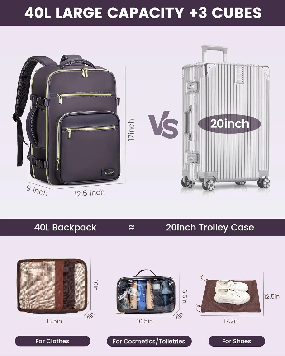 LOVEVOOK Travel Backpack For Women,40L Carry On Backpack Flight Approved,TSA Personal Item Travel Bag Fits 17 Inch Laptop,Business Weekender Overnight Daypack with Toiletry Bag and Cube,Light Purple