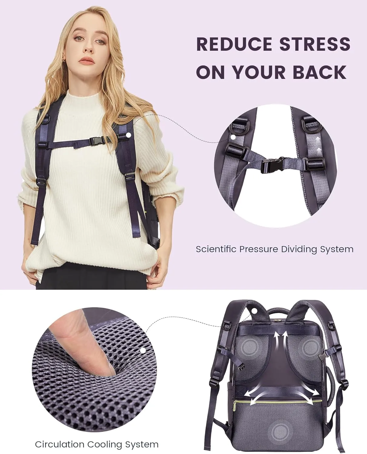 LOVEVOOK Travel Backpack For Women,40L Carry On Backpack Flight Approved,TSA Personal Item Travel Bag Fits 17 Inch Laptop,Business Weekender Overnight Daypack with Toiletry Bag and Cube,Light Purple