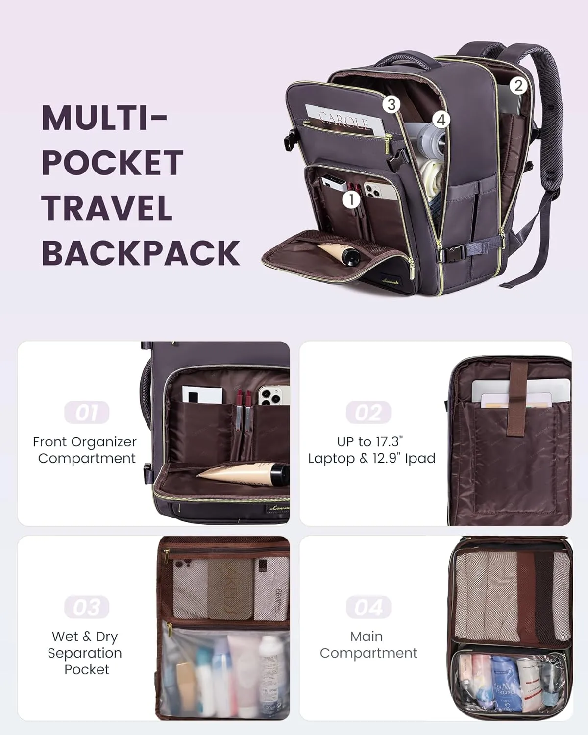 LOVEVOOK Travel Backpack For Women,40L Carry On Backpack Flight Approved,TSA Personal Item Travel Bag Fits 17 Inch Laptop,Business Weekender Overnight Daypack with Toiletry Bag and Cube,Light Purple