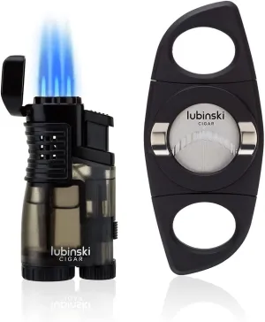 LUBINSKI Torch Lighter and Cutter Gift Set, Multifunction 3 Jet Butane Lighter with Punch, Security Lock, Top Lid with Stand, Stainless Steel 28mm Cutter with Stand (Grey)