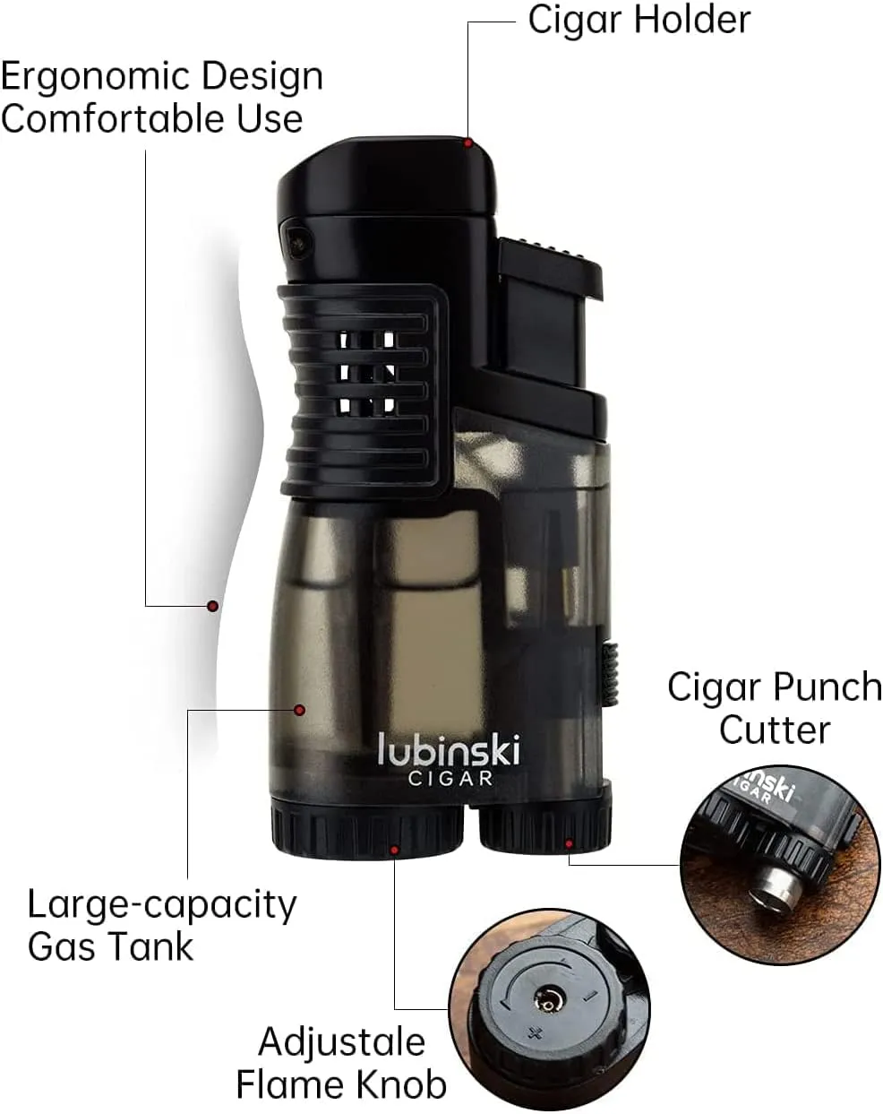 LUBINSKI Torch Lighter and Cutter Gift Set, Multifunction 3 Jet Butane Lighter with Punch, Security Lock, Top Lid with Stand, Stainless Steel 28mm Cutter with Stand (Grey)