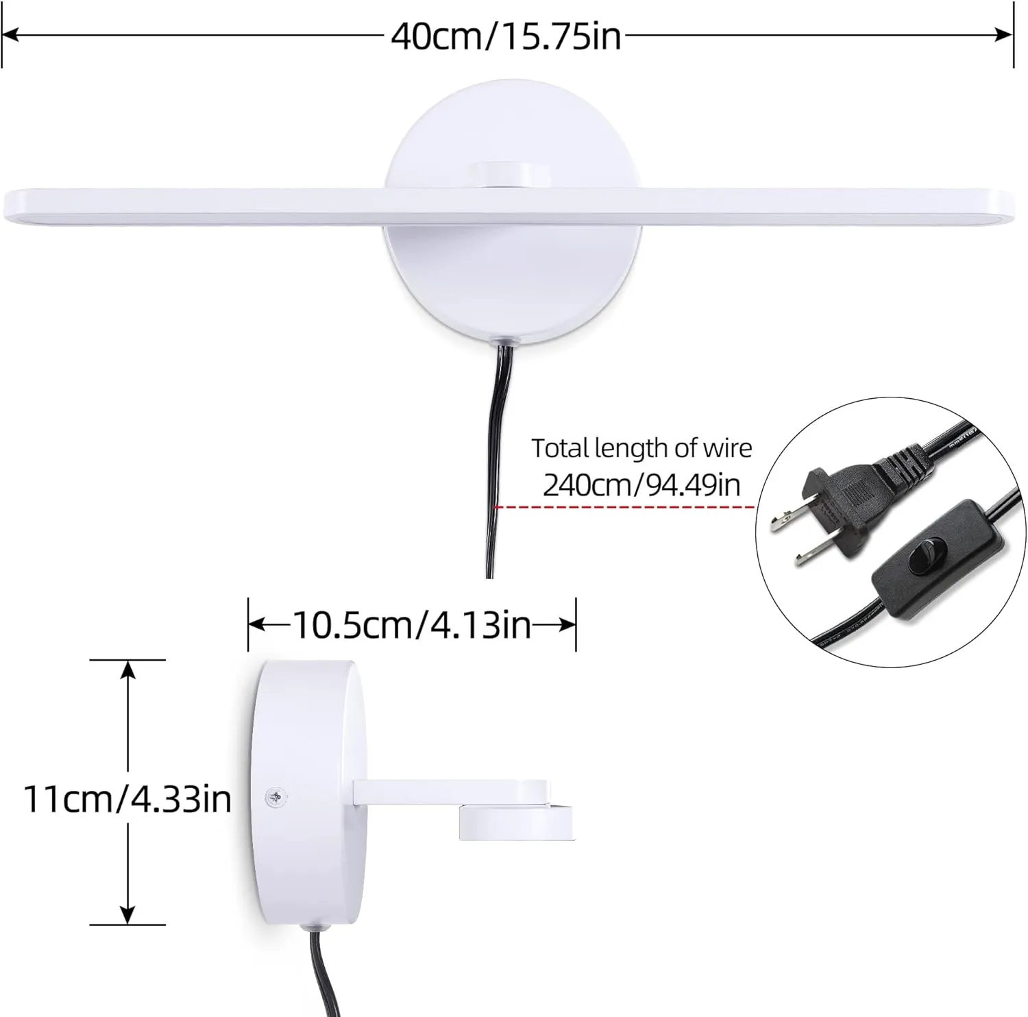 MantoLite Plug in Vanity Lighting Fixtures, White 16inch LED Wall Lights Fixtures, Bathroom Over Mirror Lamp Modern Home Bedside Lamp Picture Sconces, 12W 3000K White Make-up Mirror Front Lamp