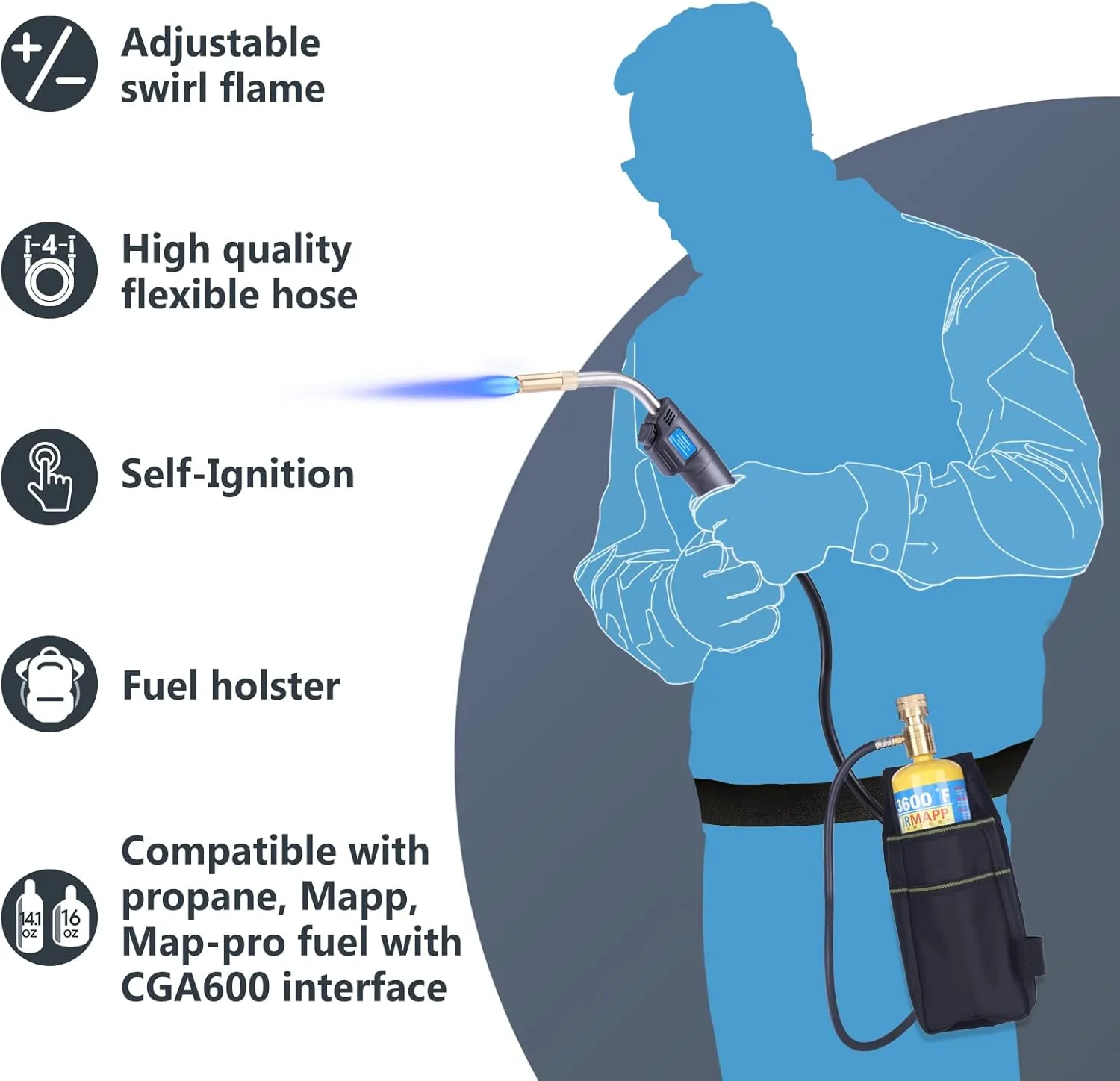 MAPP Map Gas Torch Kit with Holster, Adjustment Knob Trigger Start Propane Hose Torch for Brazing, Soldering, Welding, Plumbing, HVAC