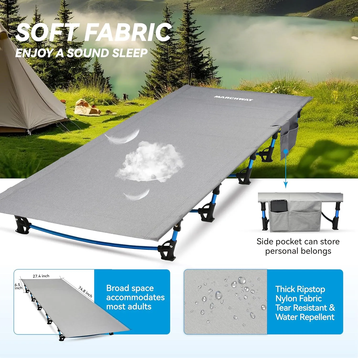 MARCHWAY Ultralight Folding Tent Camping Cot Bed, Portable Compact for Outdoor Travel, Base Camp, Hiking, Mountaineering, Lightweight Backpacking (Grey)