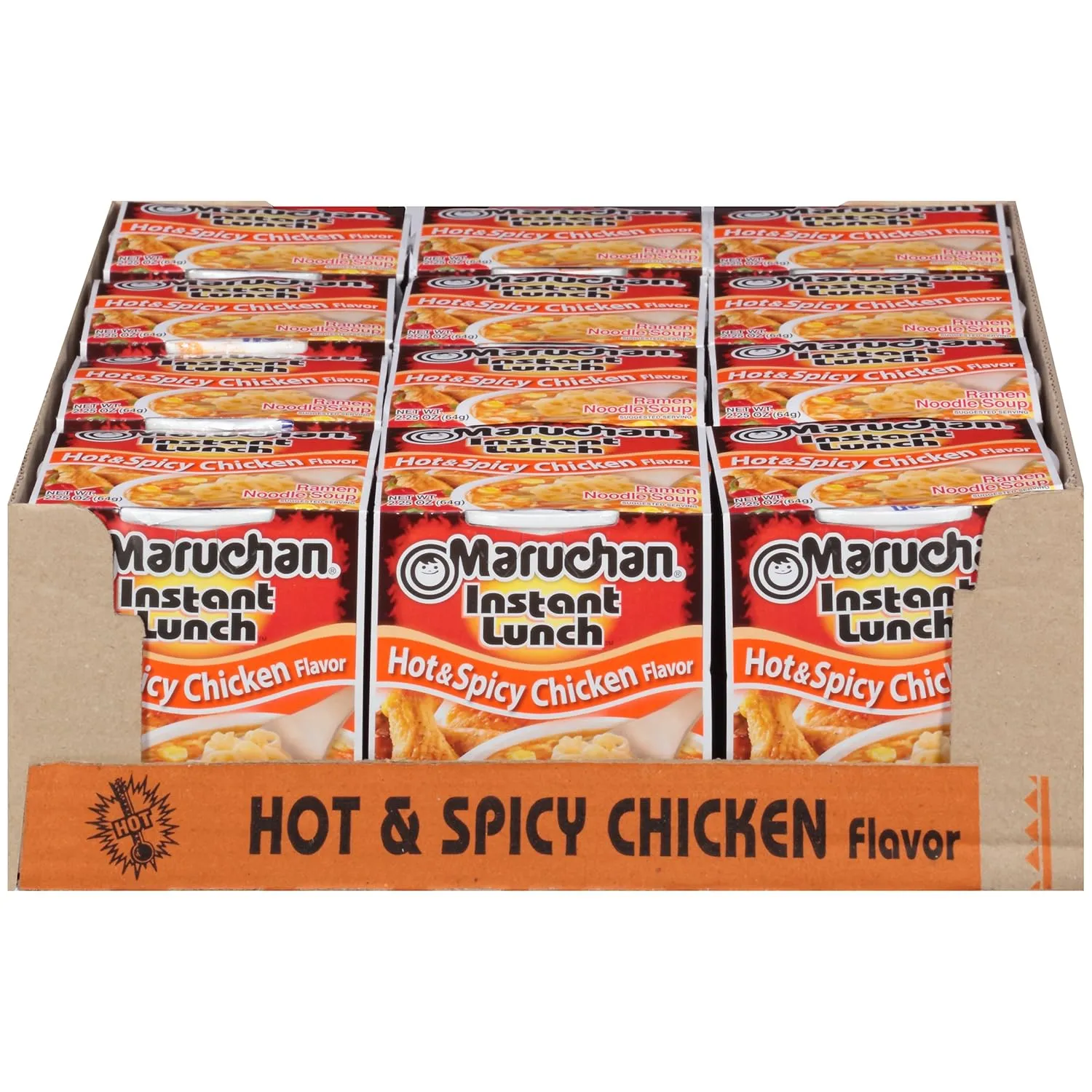 Maruchan Instant Lunch Hot & Spicy Chicken, Ramen Noodle Soup, Microwaveable Meal, 2.25 Oz, 12 Count