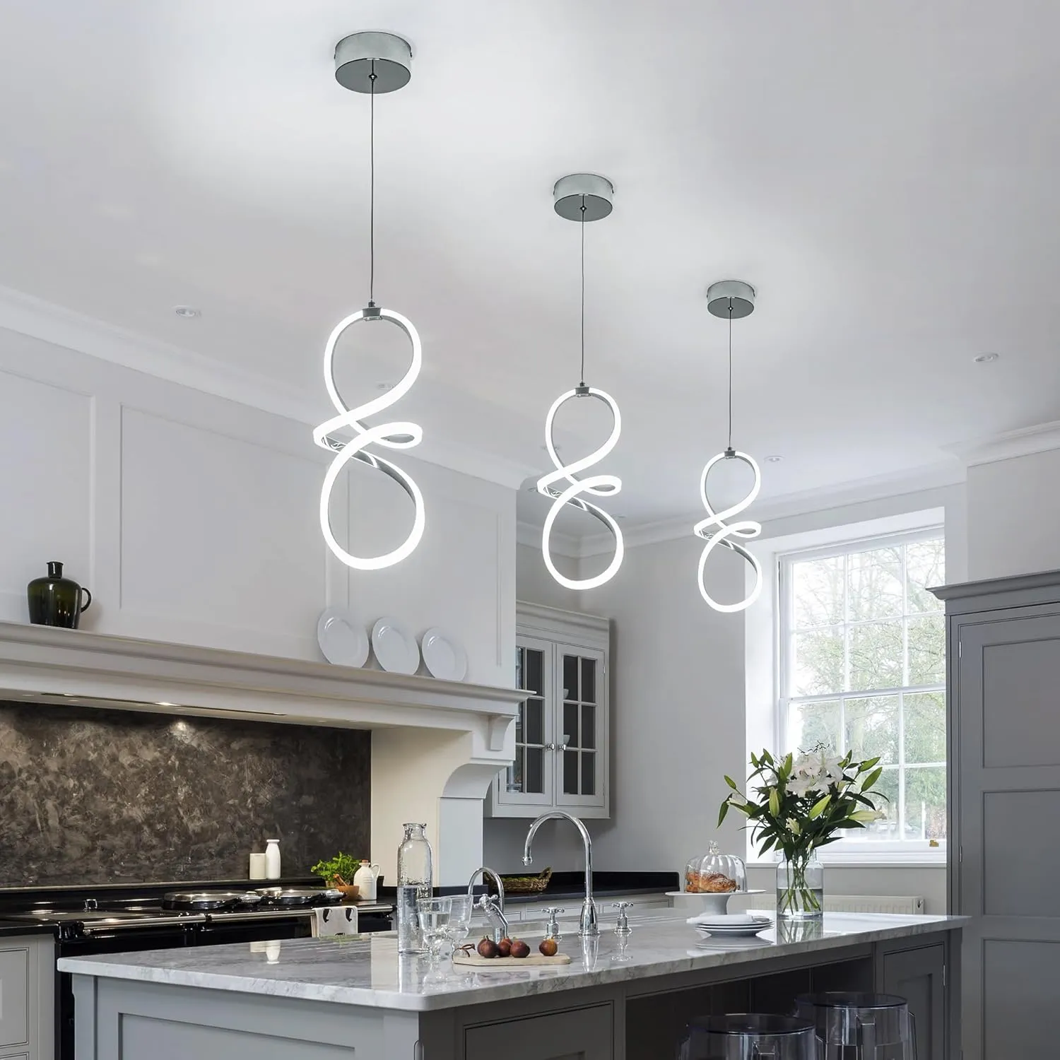 MAYNA Modern LED Pendant Light, Chrome Island Lights for Kitchen, 22W Adjustable Height Hanging Light Fixture for Kitchen Dining Room Bedroom Cafe Table, 1 Pack