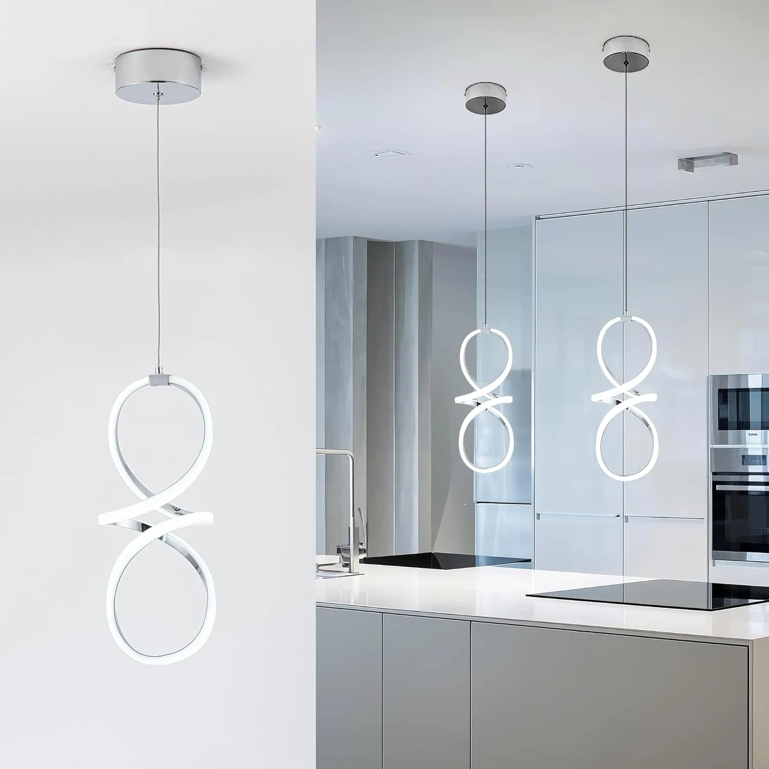 MAYNA Modern LED Pendant Light, Chrome Island Lights for Kitchen, 22W Adjustable Height Hanging Light Fixture for Kitchen Dining Room Bedroom Cafe Table, 1 Pack